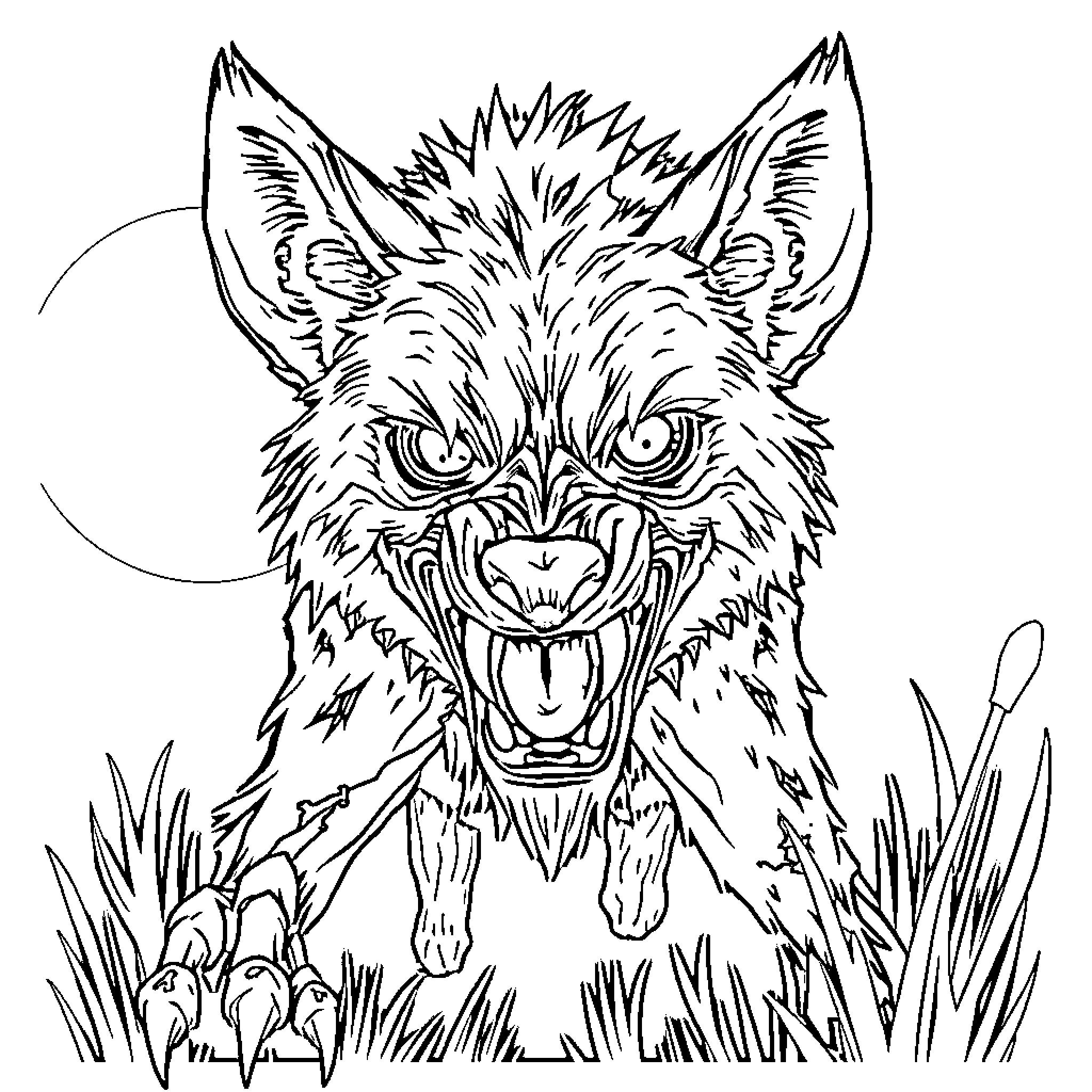 Zombie Hyena baring its fangs in the wilderness Coloring Page (free black-and-white line drawing printable PDF for all, from beginners to advanced learners, including children, teens, adults, and seniors)