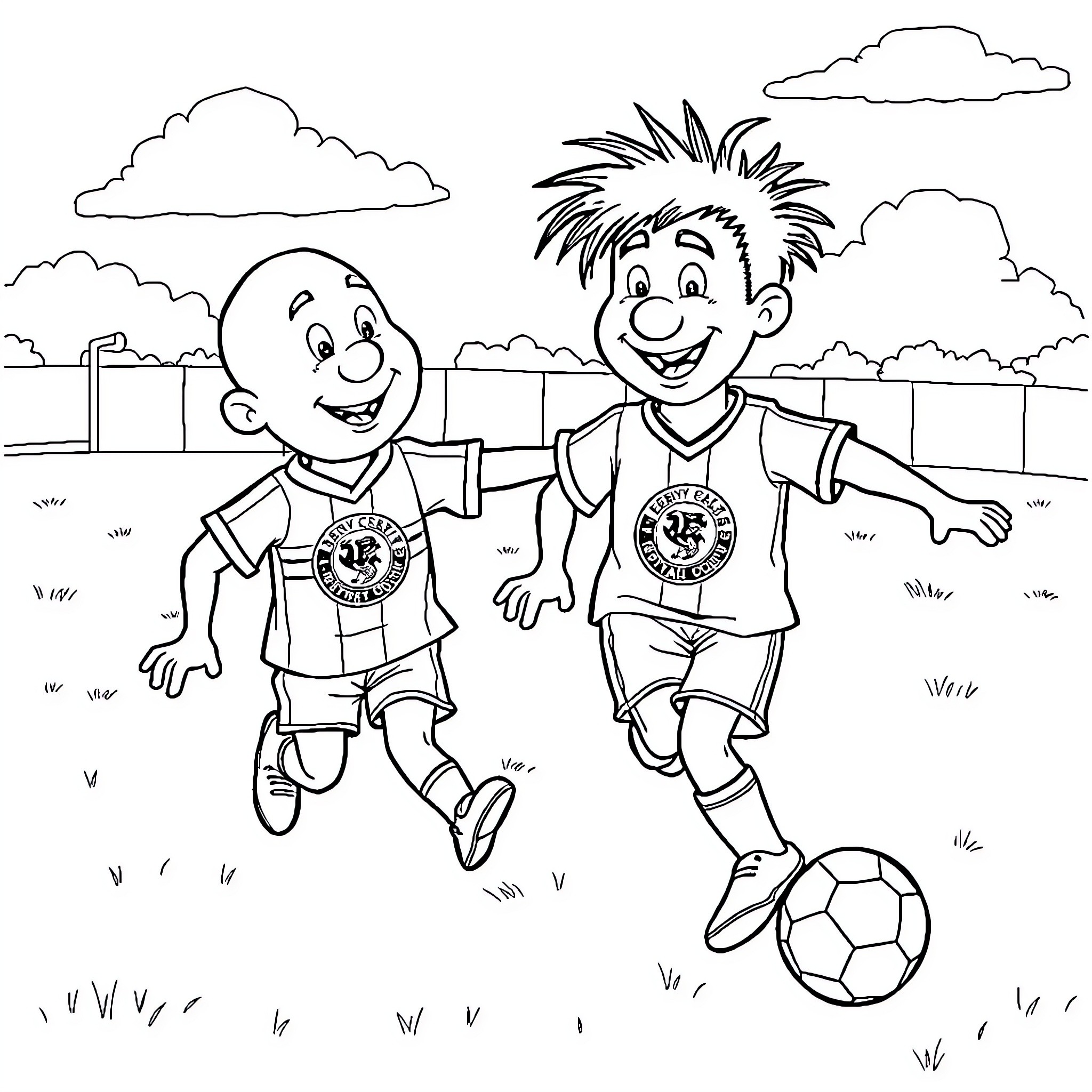 Bert and his friend playing soccer happily outdoors Coloring Page (free black-and-white line drawing printable PDF for all, from beginners to advanced learners, including children, teens, adults, and seniors)