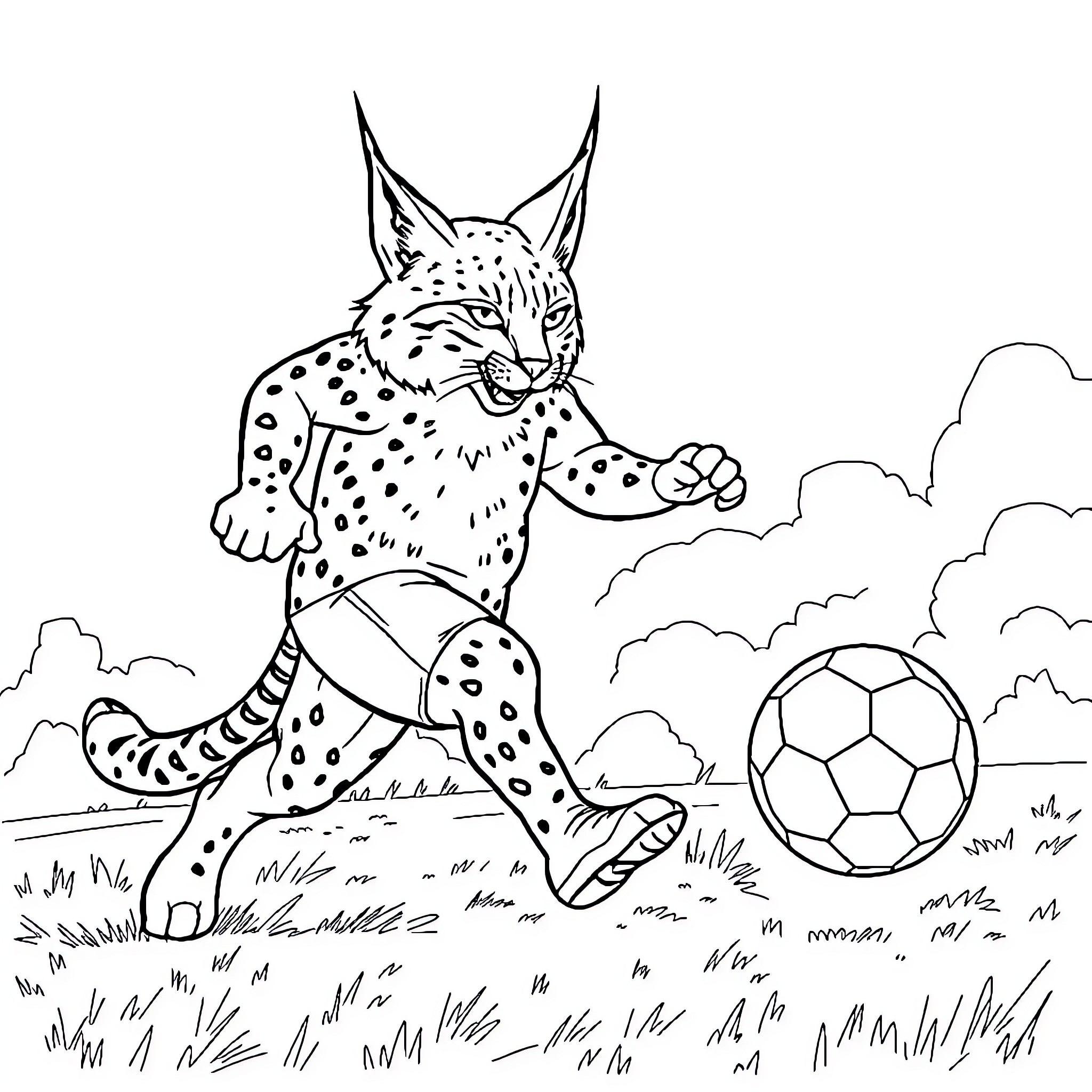 Lynx playing with soccer ball in the field Coloring Page (free black-and-white line drawing printable PDF for all, from beginners to advanced learners, including children, teens, adults, and seniors)