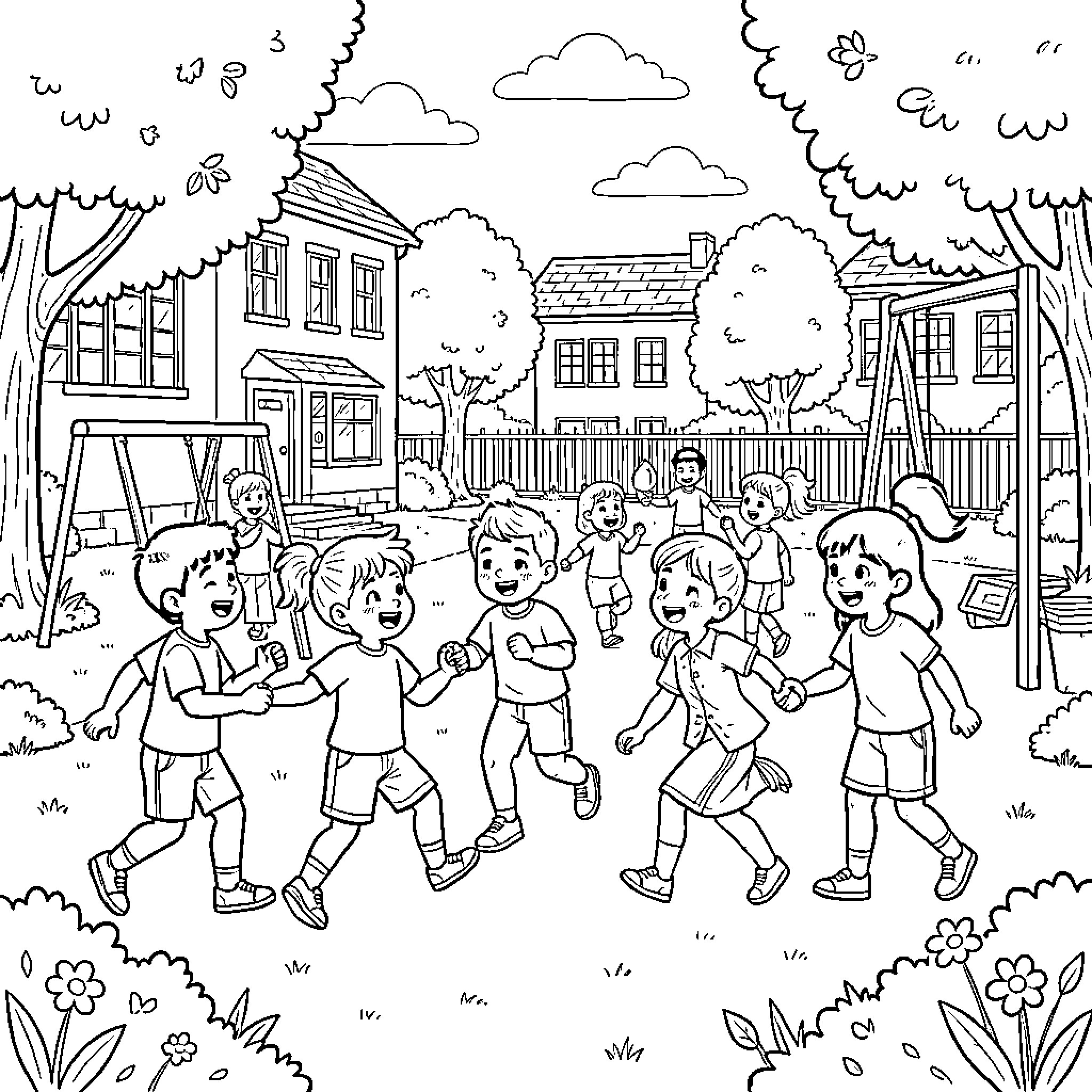 Students playing joyfully in the schoolyard Coloring Page (free black-and-white line drawing printable PDF for all, from beginners to advanced learners, including children, teens, adults, and seniors)