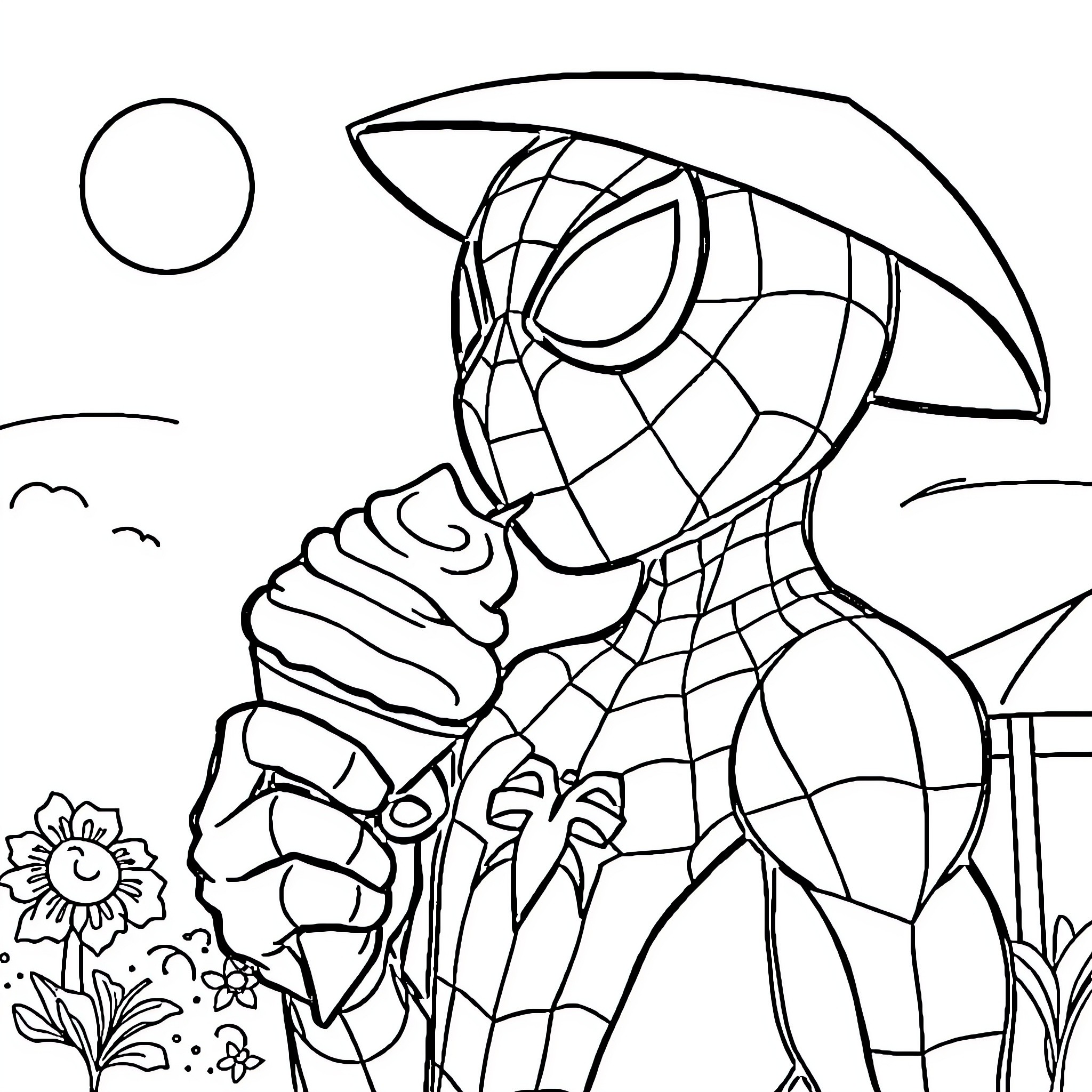 Spidey enjoying nature's beauty Coloring Page (free black-and-white line drawing printable PDF for all, from beginners to advanced learners, including children, teens, adults, and seniors)