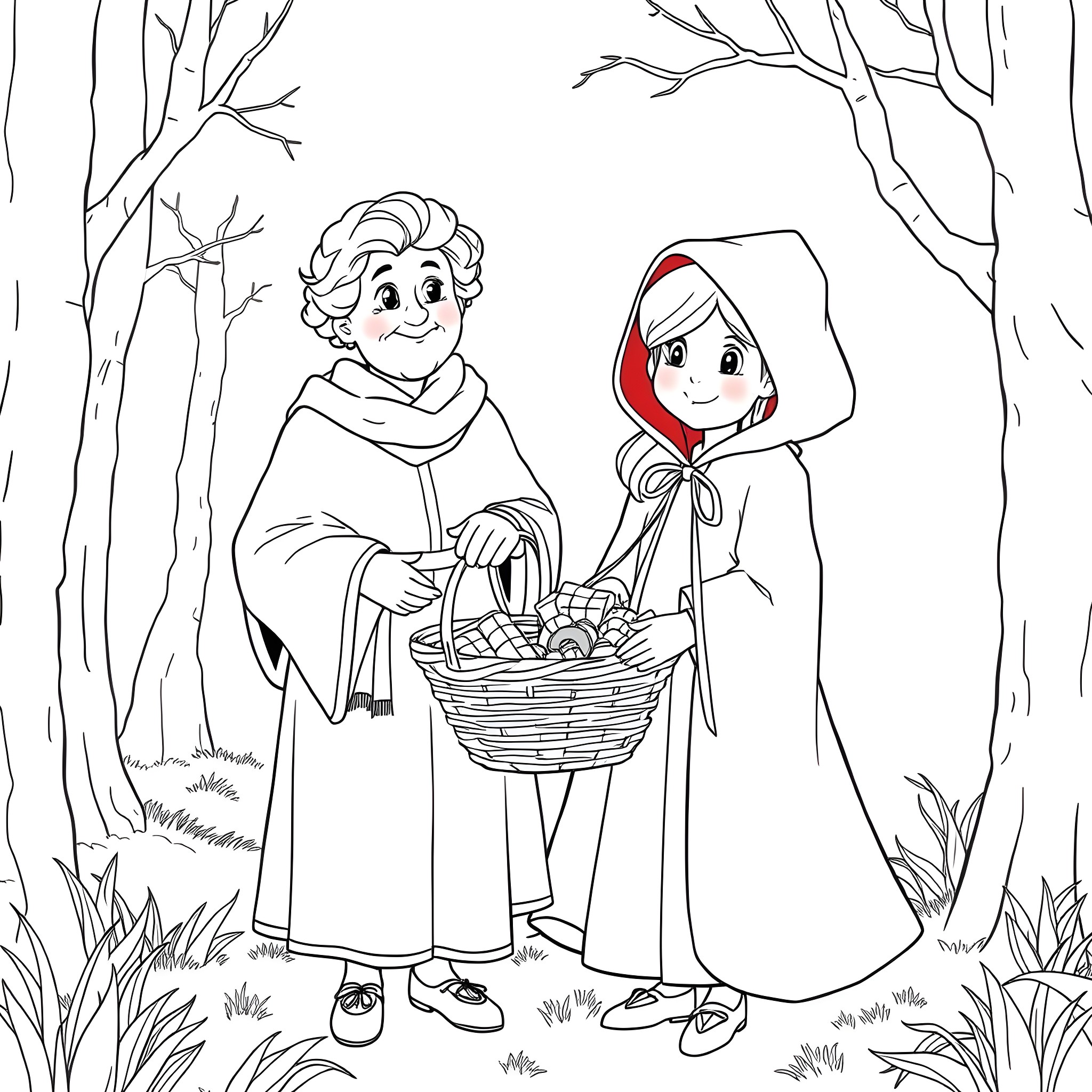 Little Red Riding Hood meets the kind old man in the forest Coloring Page (free black-and-white line drawing printable PDF for all, from beginners to advanced learners, including children, teens, adults, and seniors)