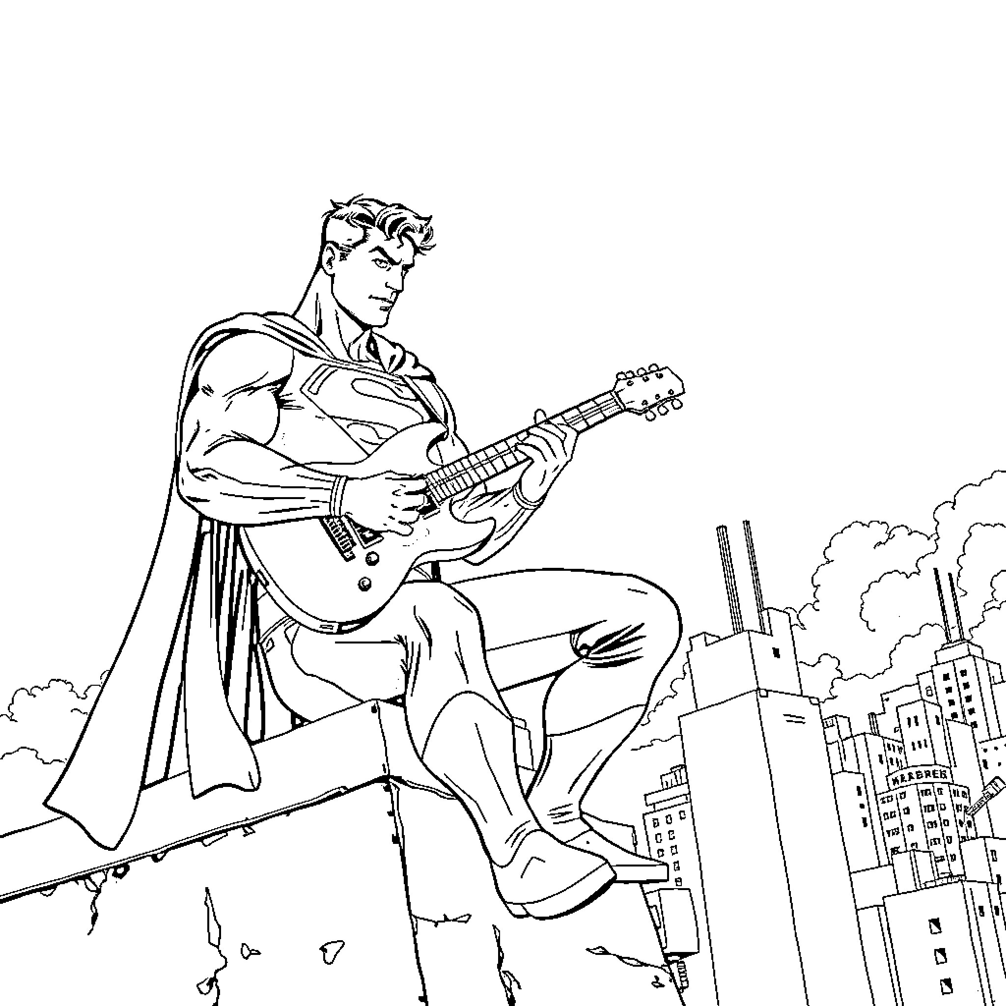 Superman playing guitar on city rooftop Coloring Page (free black-and-white line drawing printable PDF for all, from beginners to advanced learners, including children, teens, adults, and seniors)