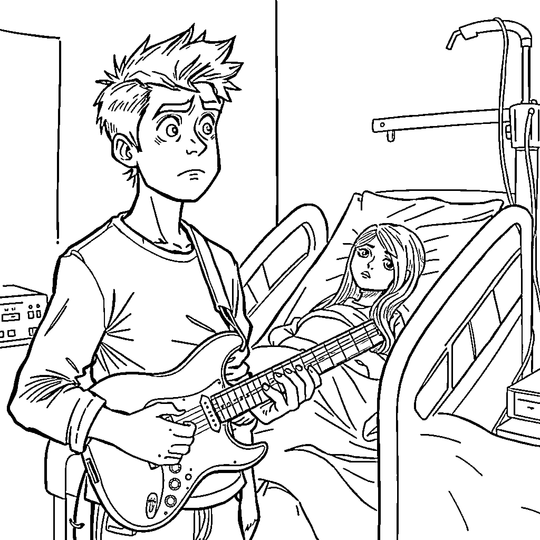 Young Man Visiting Sick Companion with Guitar Coloring Page (free black-and-white line drawing printable PDF for all, from beginners to advanced learners, including children, teens, adults, and seniors)