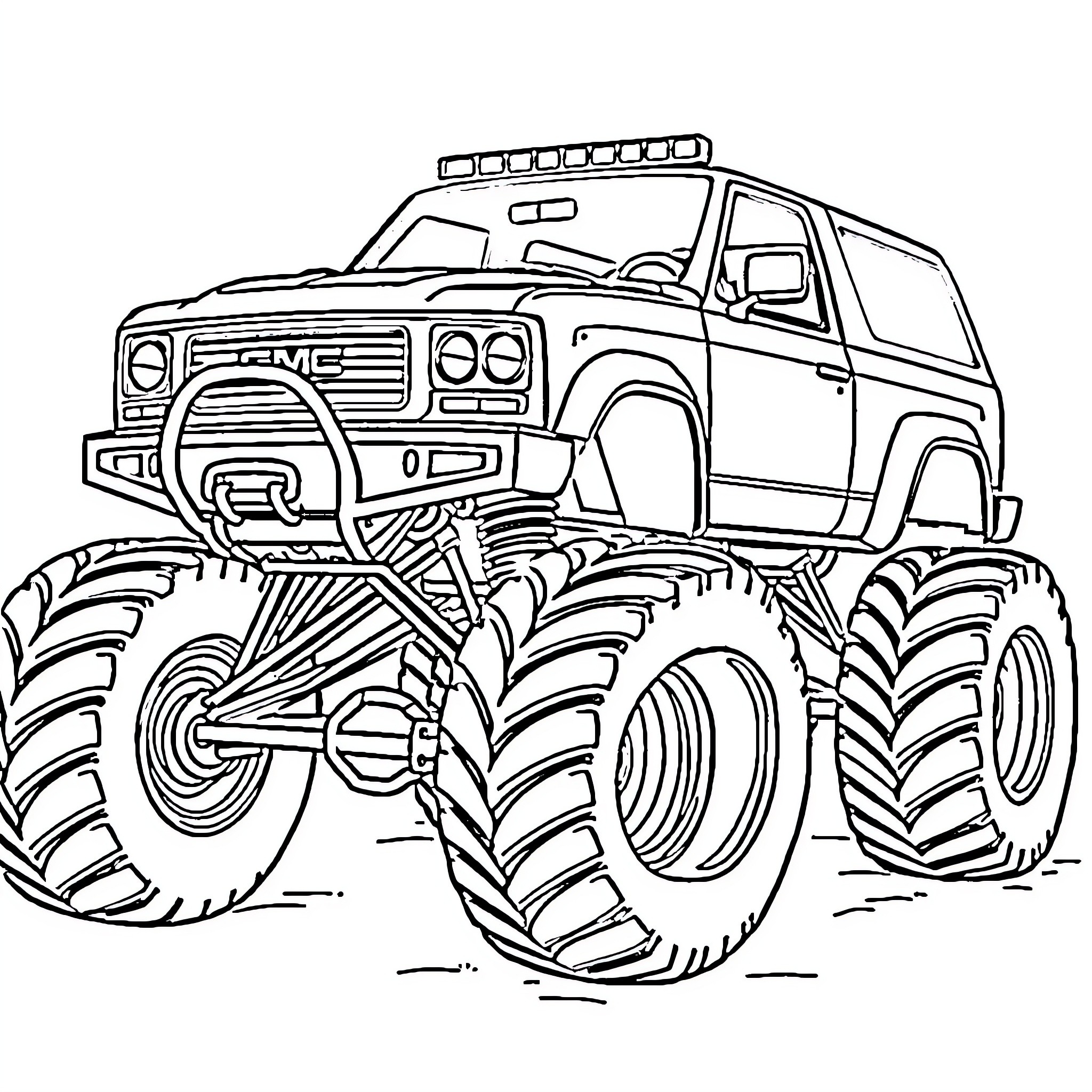 GMC Jimmy monster truck on off-road adventure Coloring Page (free black-and-white line drawing printable PDF for all, from beginners to advanced learners, including children, teens, adults, and seniors)