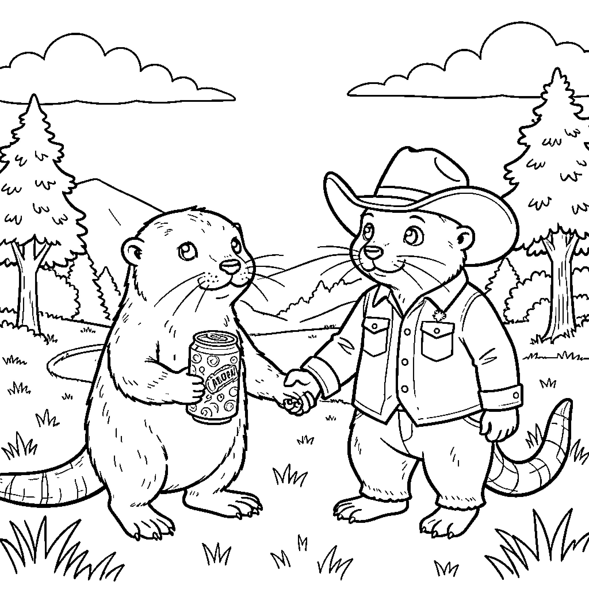 Otter Pals Sharing a Snack in the Wilderness Coloring Page (free black-and-white line drawing printable PDF for all, from beginners to advanced learners, including children, teens, adults, and seniors)