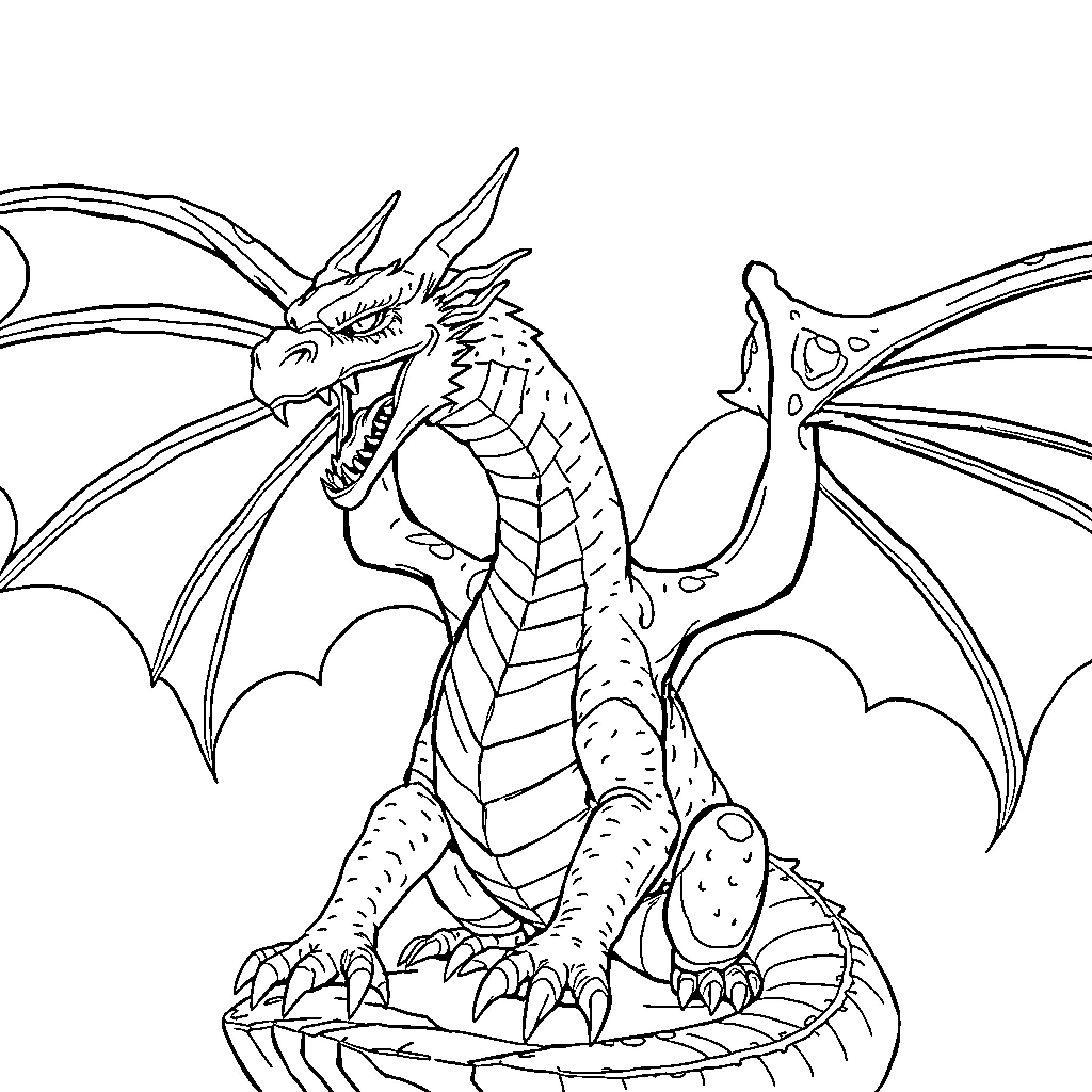 Dragon Perching on a Cliffside Coloring Page (free black-and-white line drawing printable PDF for all, from beginners to advanced learners, including children, teens, adults, and seniors)