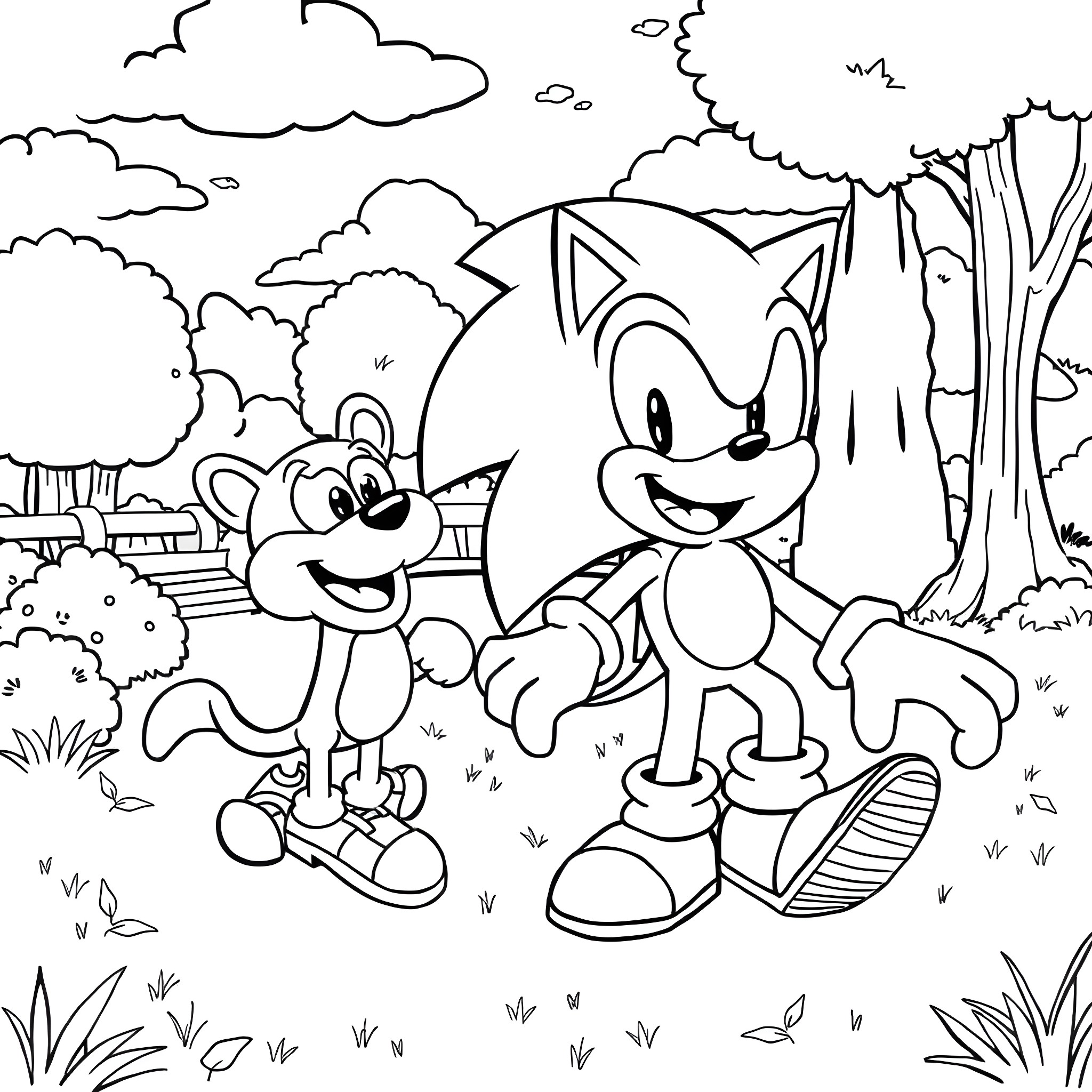 Sonic characters exploring the forest Coloring Page (free black-and-white line drawing printable PDF for all, from beginners to advanced learners, including children, teens, adults, and seniors)