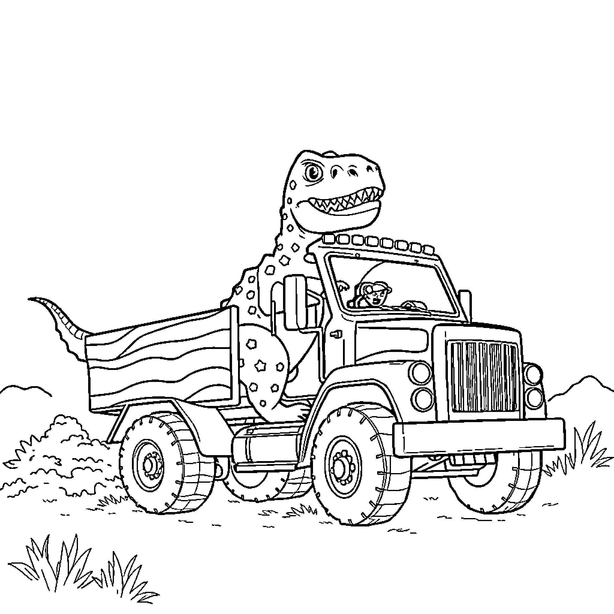 Dinosaur riding on a truck in the wilderness Coloring Page (free black-and-white line drawing printable PDF for all, from beginners to advanced learners, including children, teens, adults, and seniors)