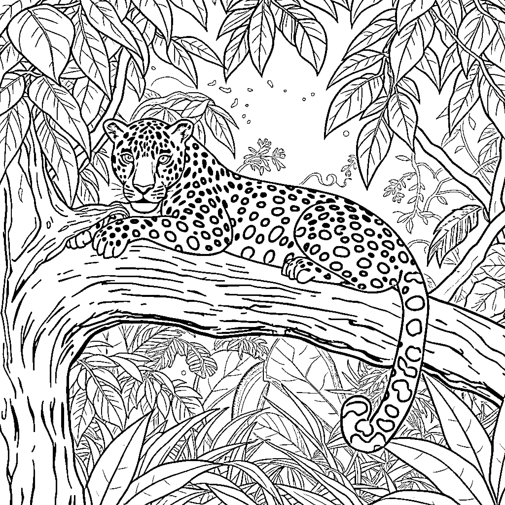 Leopard resting on tree branch in lush jungle Coloring Page (free black-and-white line drawing printable PDF for all, from beginners to advanced learners, including children, teens, adults, and seniors)