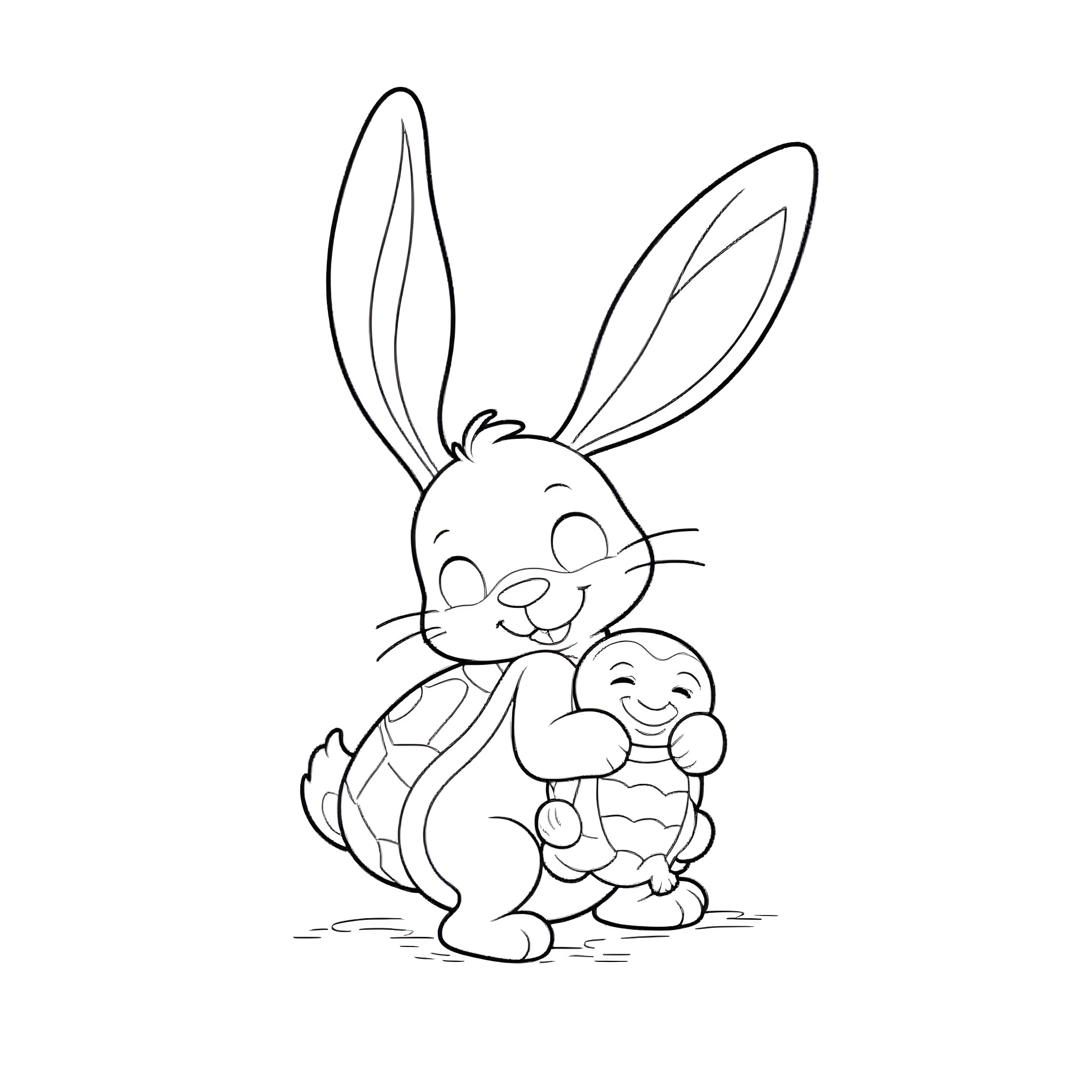 Bunny with a baby turtle friend Coloring Page (free black-and-white line drawing printable PDF for all, from beginners to advanced learners, including children, teens, adults, and seniors)