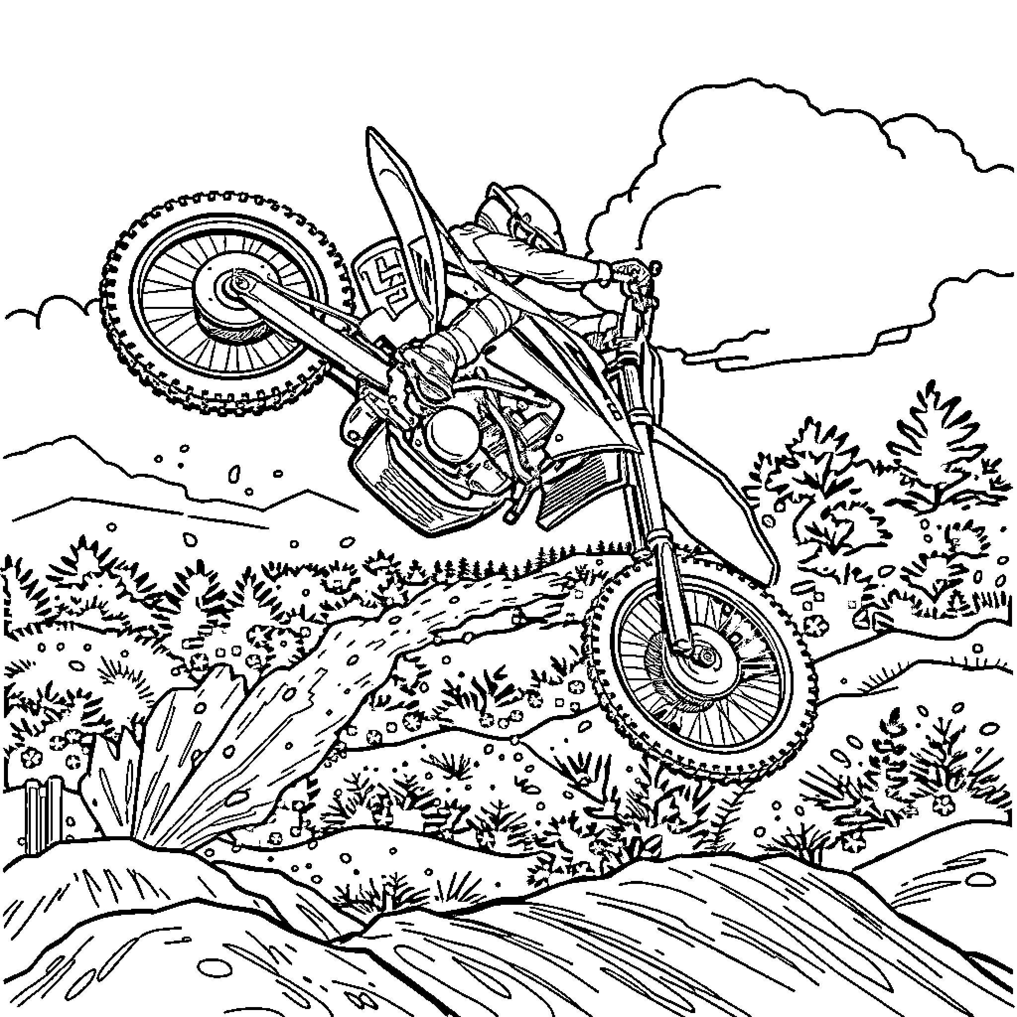 Dirt Bike Jumping Over Rugged Terrain Coloring Page (free black-and-white line drawing printable PDF for all, from beginners to advanced learners, including children, teens, adults, and seniors)
