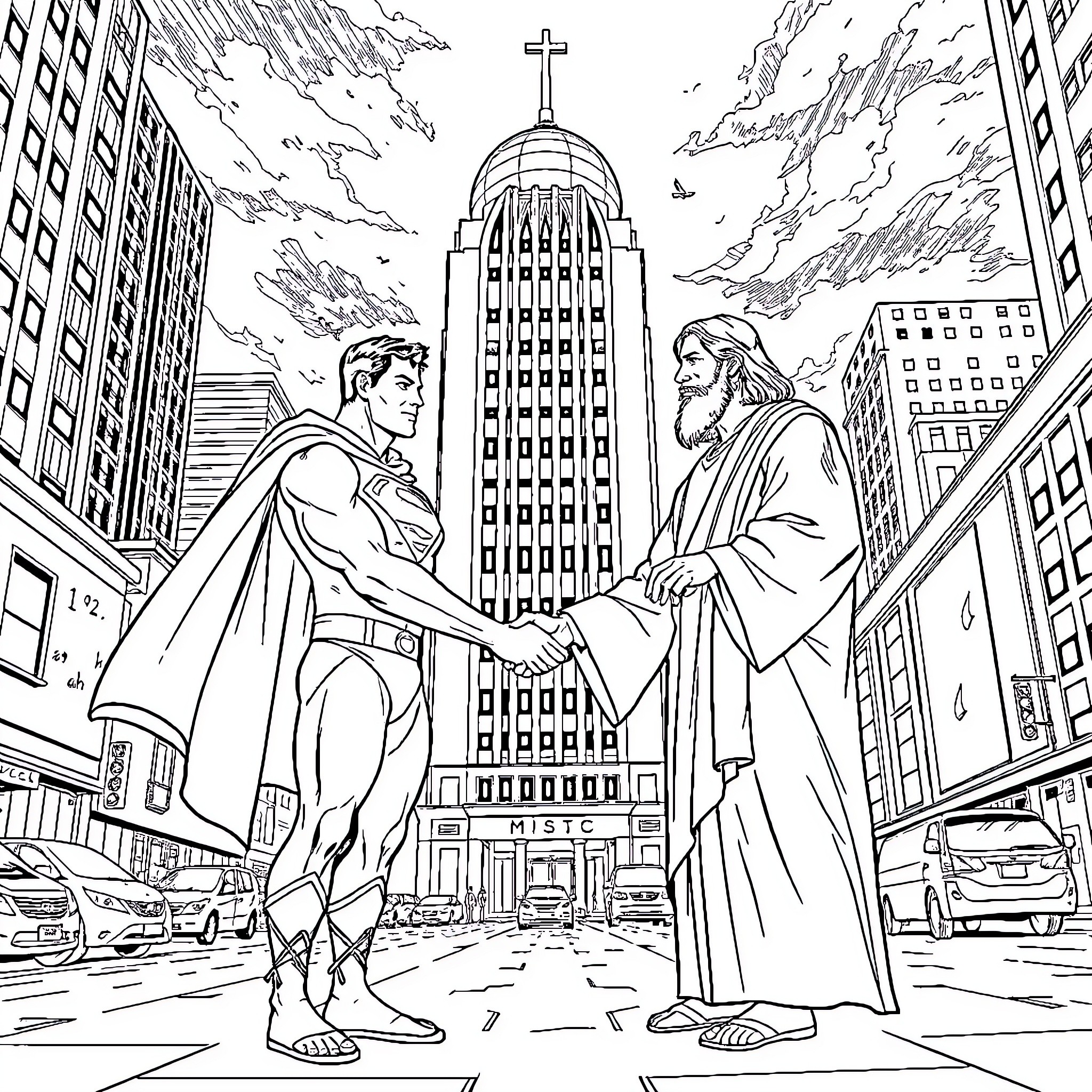 Superman confronted by Jesus in the city Coloring Page (free black-and-white line drawing printable PDF for all, from beginners to advanced learners, including children, teens, adults, and seniors)