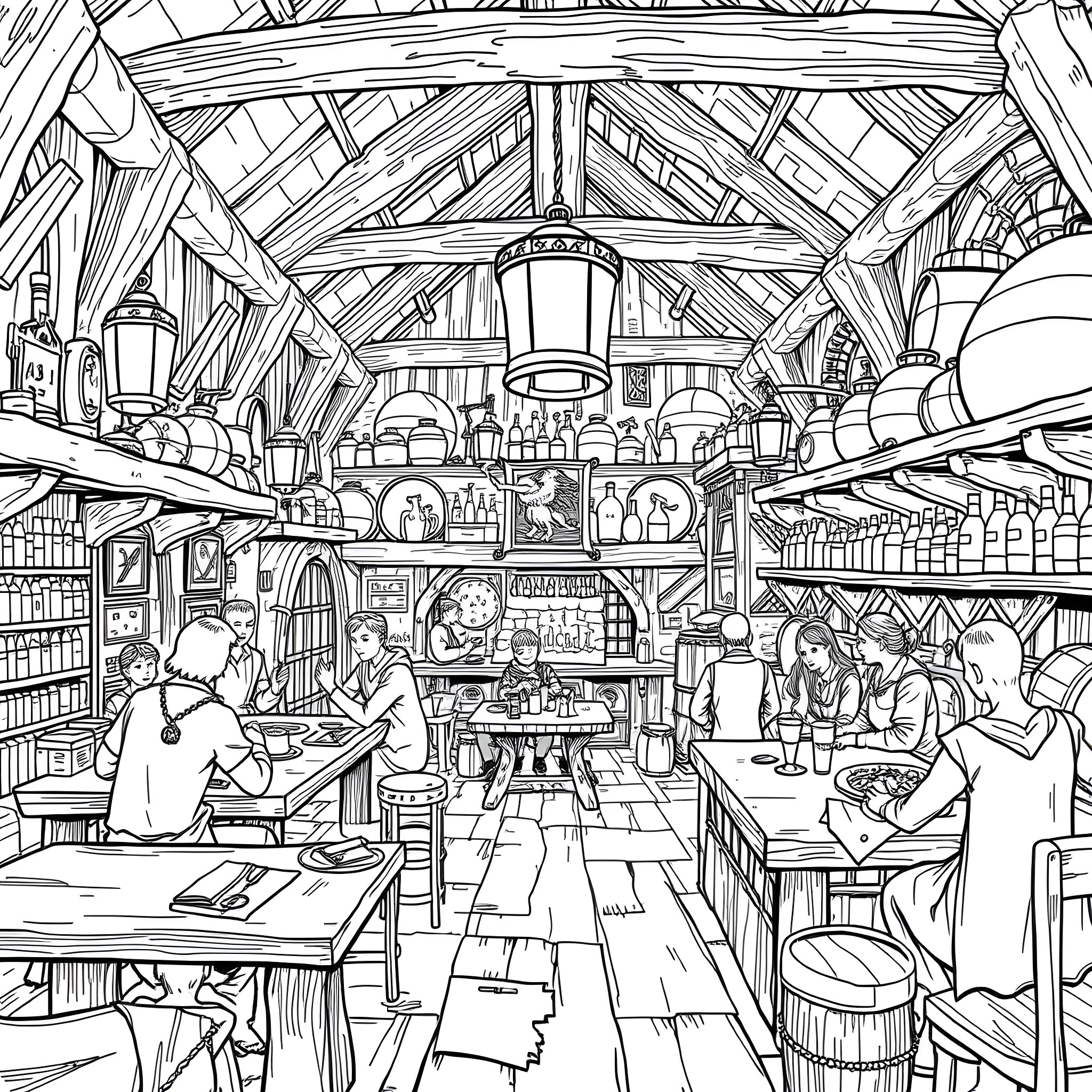 Tavern filled with lively patrons and bustling activity Coloring Page (free black-and-white line drawing printable PDF for all, from beginners to advanced learners, including children, teens, adults, and seniors)