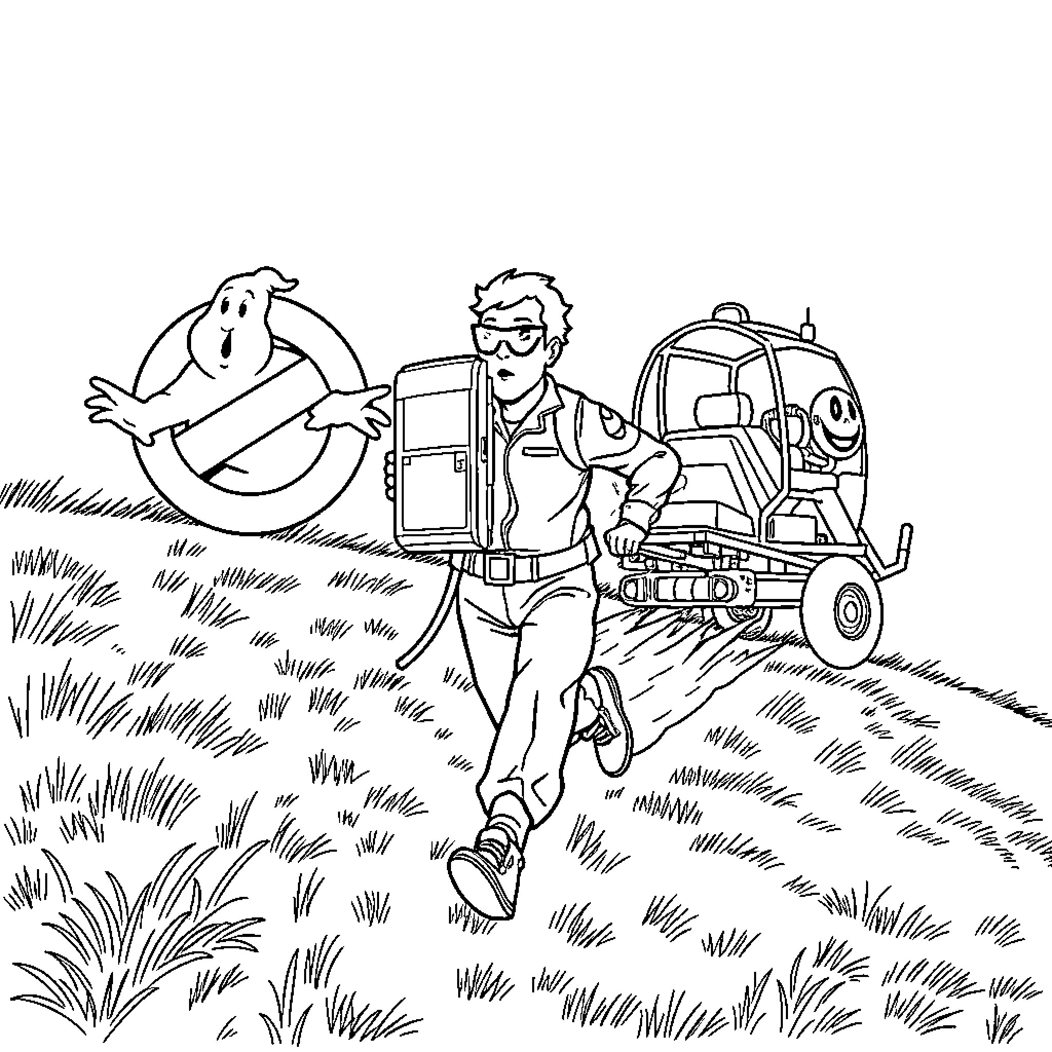 Ghostbuster catches supernatural entity with proton pack Coloring Page (free black-and-white line drawing printable PDF for all, from beginners to advanced learners, including children, teens, adults, and seniors)