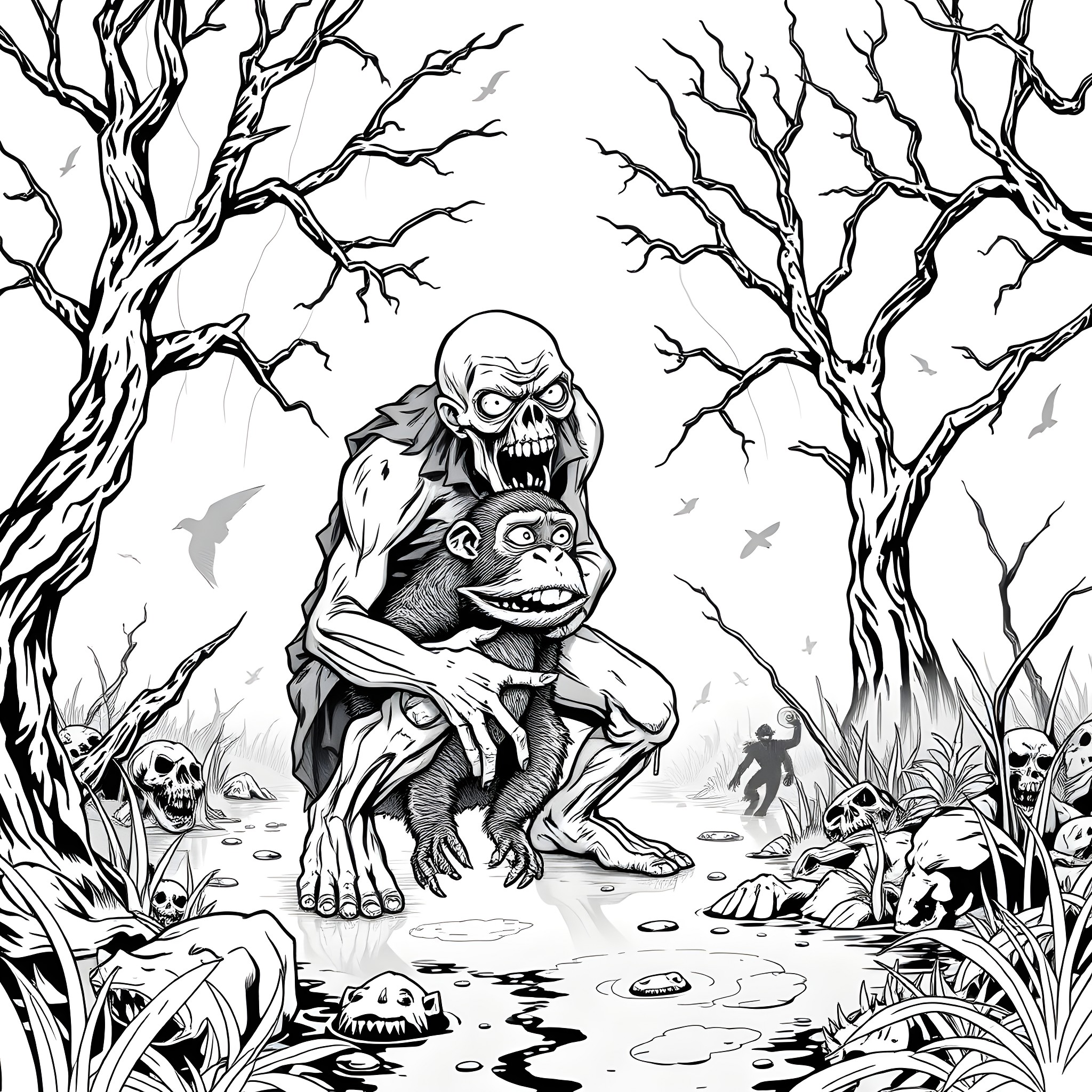 Zombie creatures lurking in the eerie forest Coloring Page (free black-and-white line drawing printable PDF for all, from beginners to advanced learners, including children, teens, adults, and seniors)