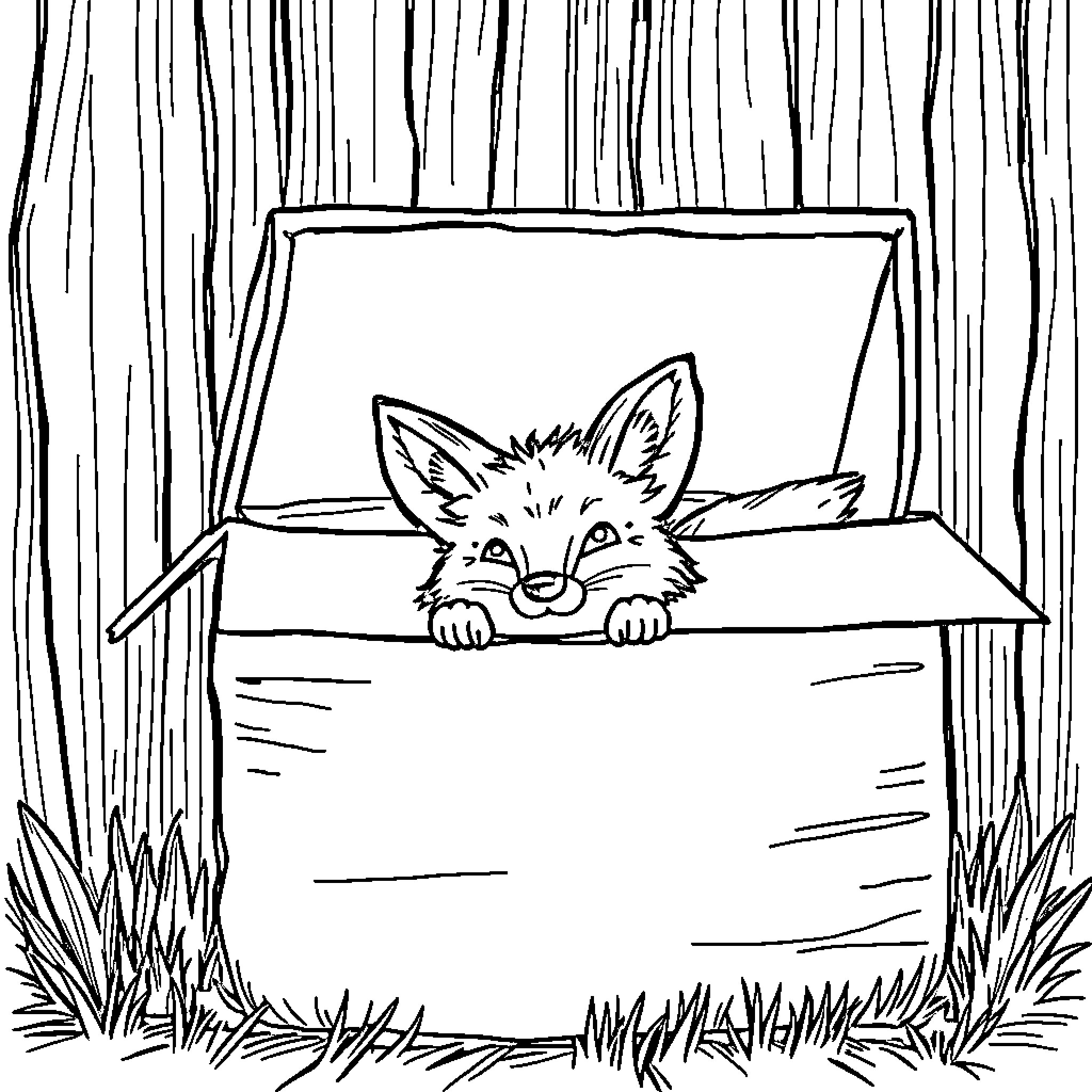 Fox peeking curiously from wooden box Coloring Page (free black-and-white line drawing printable PDF for all, from beginners to advanced learners, including children, teens, adults, and seniors)