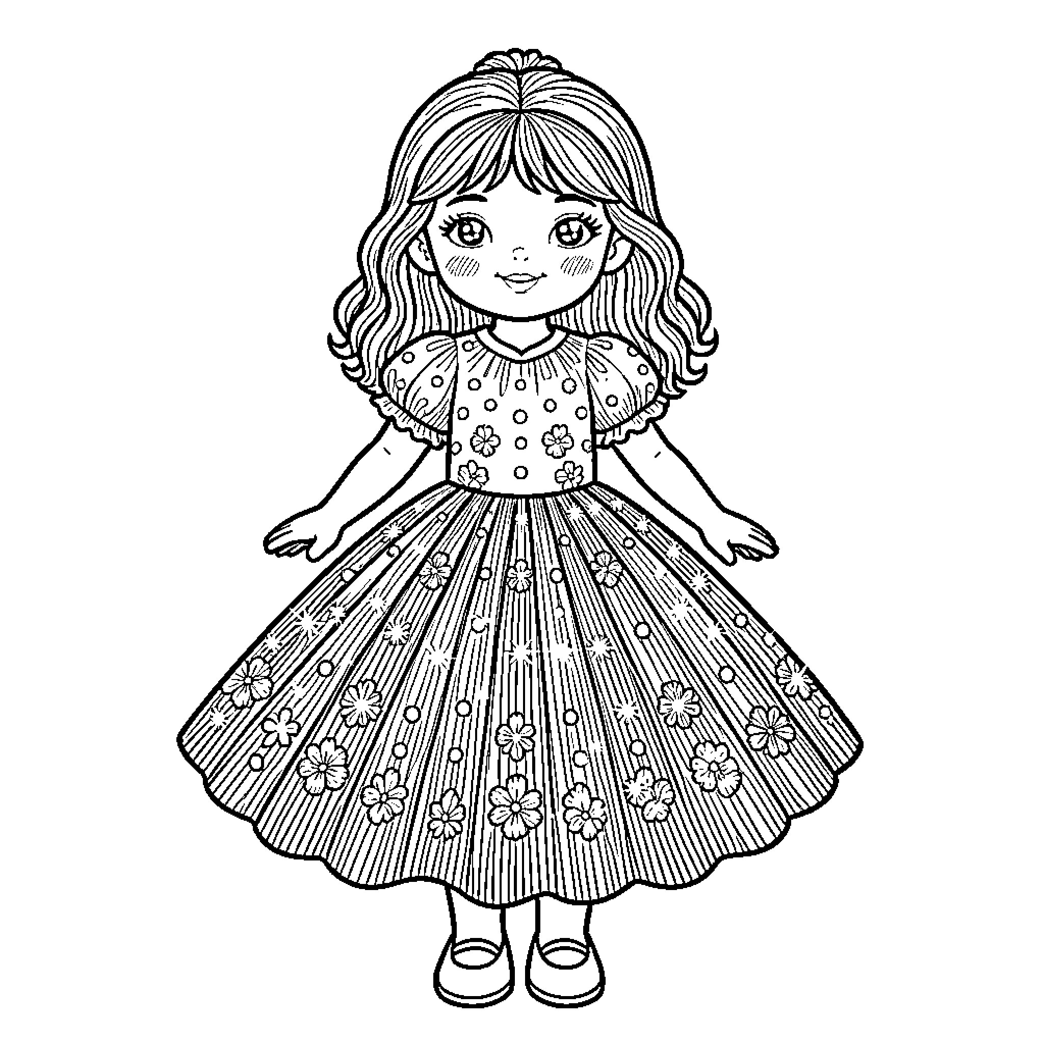 Doll in Elegant Floral Dress Coloring Page (free black-and-white line drawing printable PDF for all, from beginners to advanced learners, including children, teens, adults, and seniors)