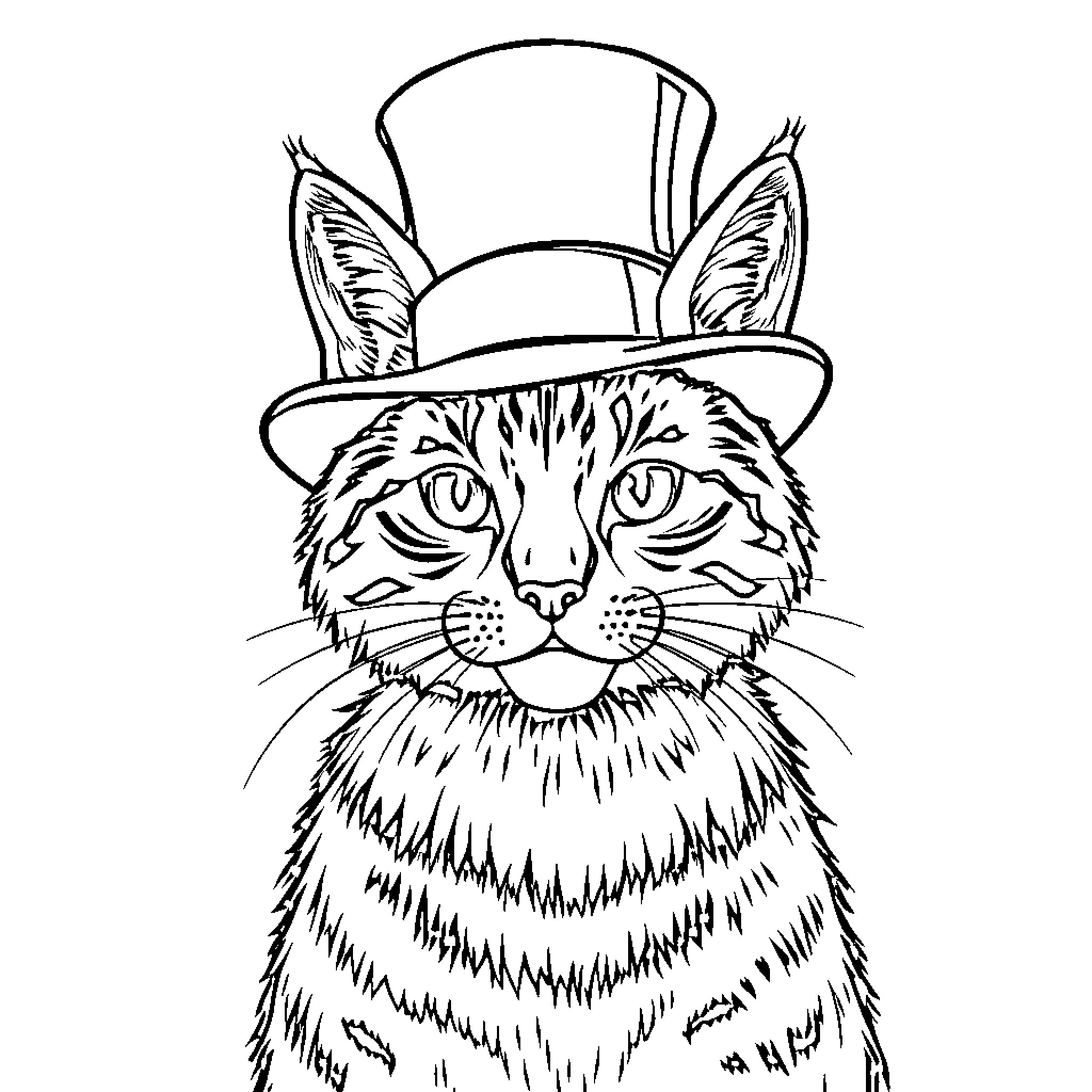 Bobcat wearing a top hat and looking stylish Coloring Page (free black-and-white line drawing printable PDF for all, from beginners to advanced learners, including children, teens, adults, and seniors)
