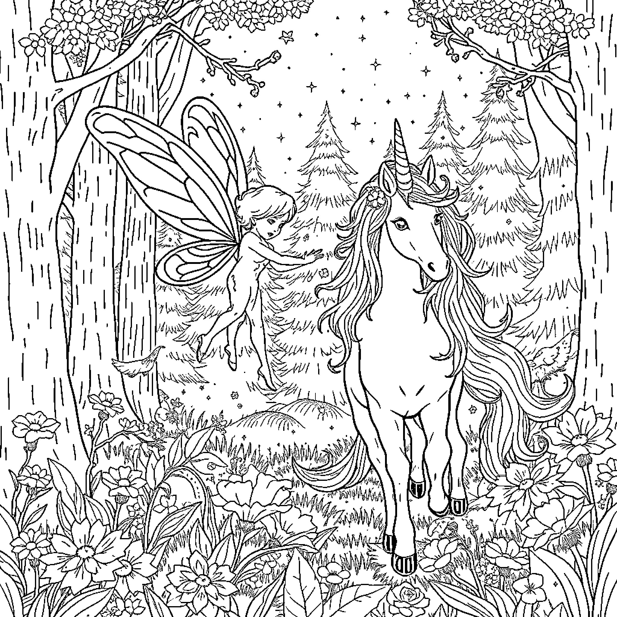 Fairy Enchantress and Unicorn in the Enchanted Forest Coloring Page (free black-and-white line drawing printable PDF for all, from beginners to advanced learners, including children, teens, adults, and seniors)