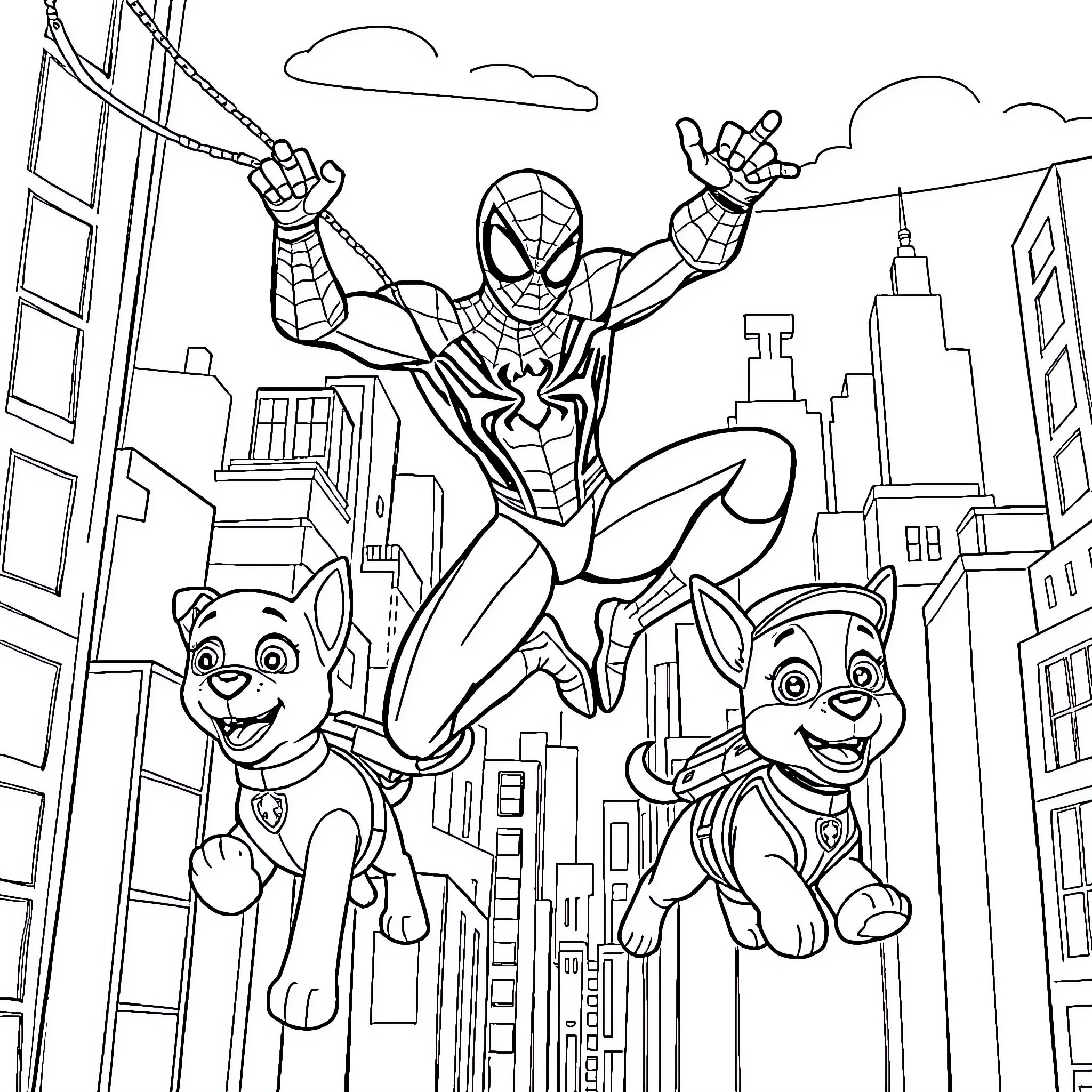 Spiderman swinging through the city with his friends Coloring Page (free black-and-white line drawing printable PDF for all, from beginners to advanced learners, including children, teens, adults, and seniors)