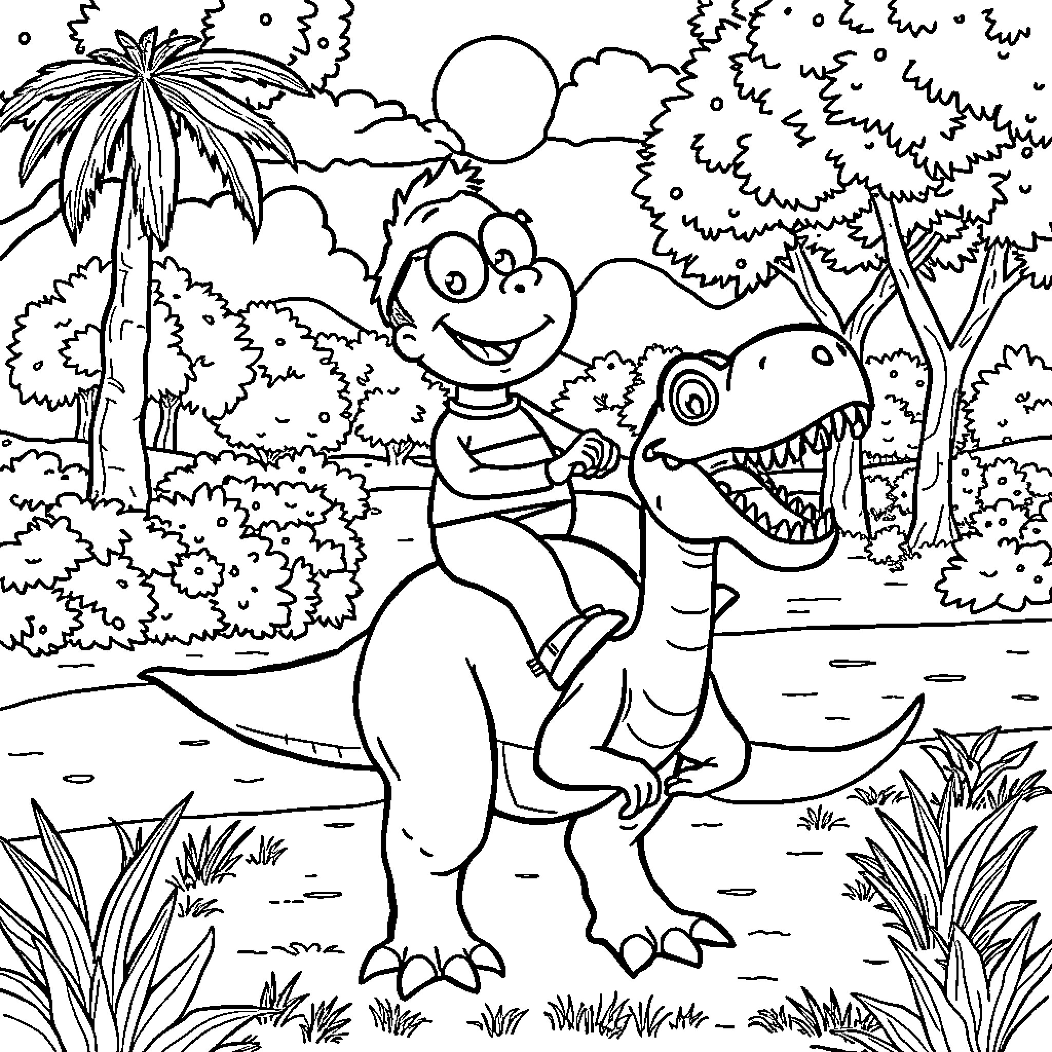 Greg Hefley playing with a friendly dinosaur in a tropical jungle Coloring Page (free black-and-white line drawing printable PDF for all, from beginners to advanced learners, including children, teens, adults, and seniors)