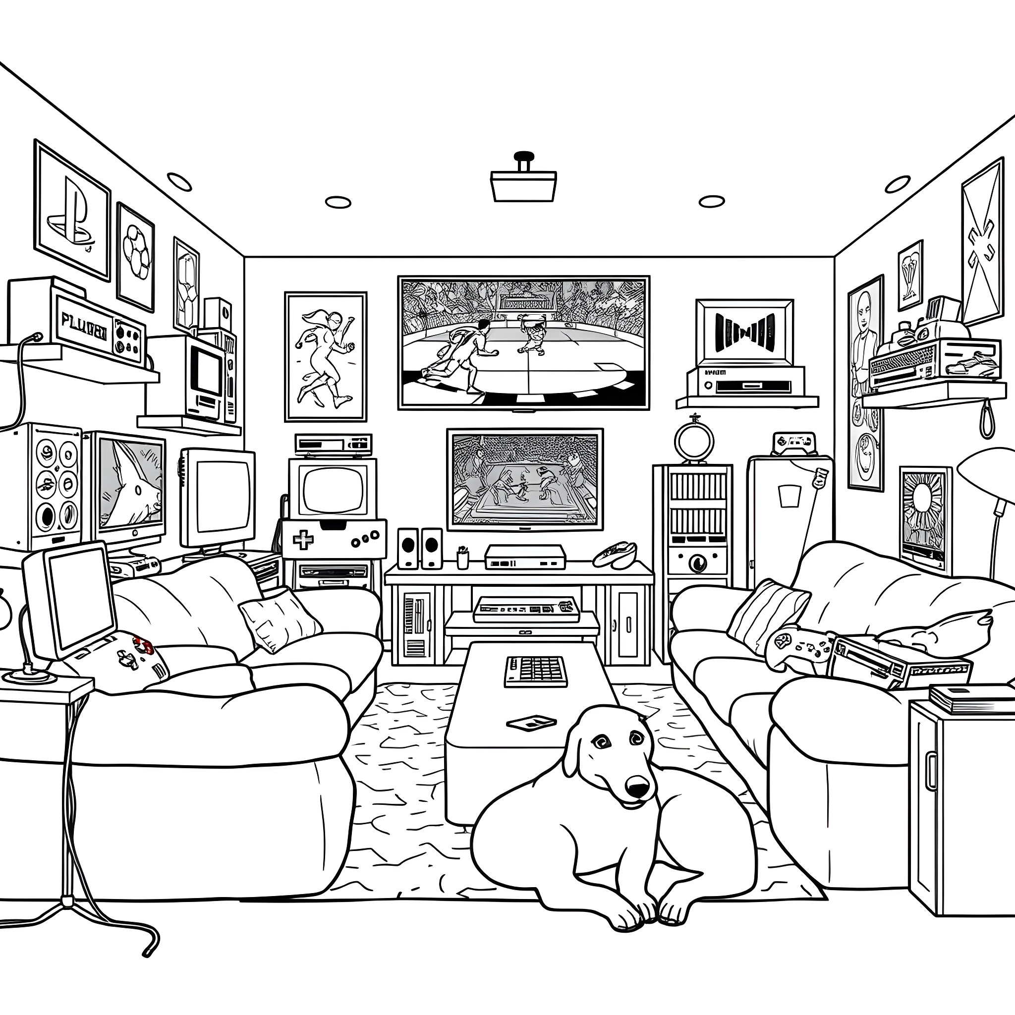 Dog relaxing in front of TVs and gaming setup Coloring Page (free black-and-white line drawing printable PDF for all, from beginners to advanced learners, including children, teens, adults, and seniors)