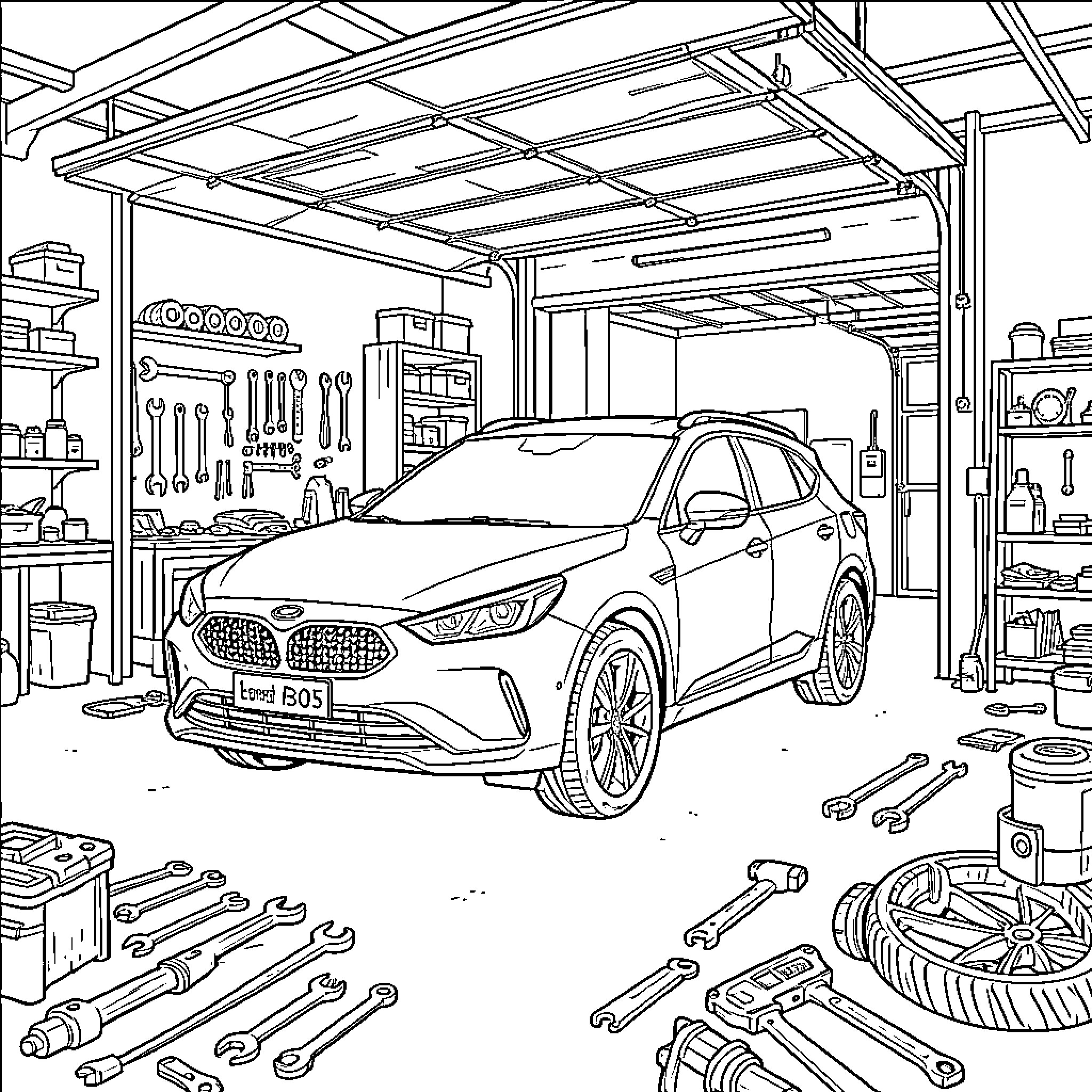 Leapmotor car parked inside a well equipped garage Coloring Page (free black-and-white line drawing printable PDF for all, from beginners to advanced learners, including children, teens, adults, and seniors)