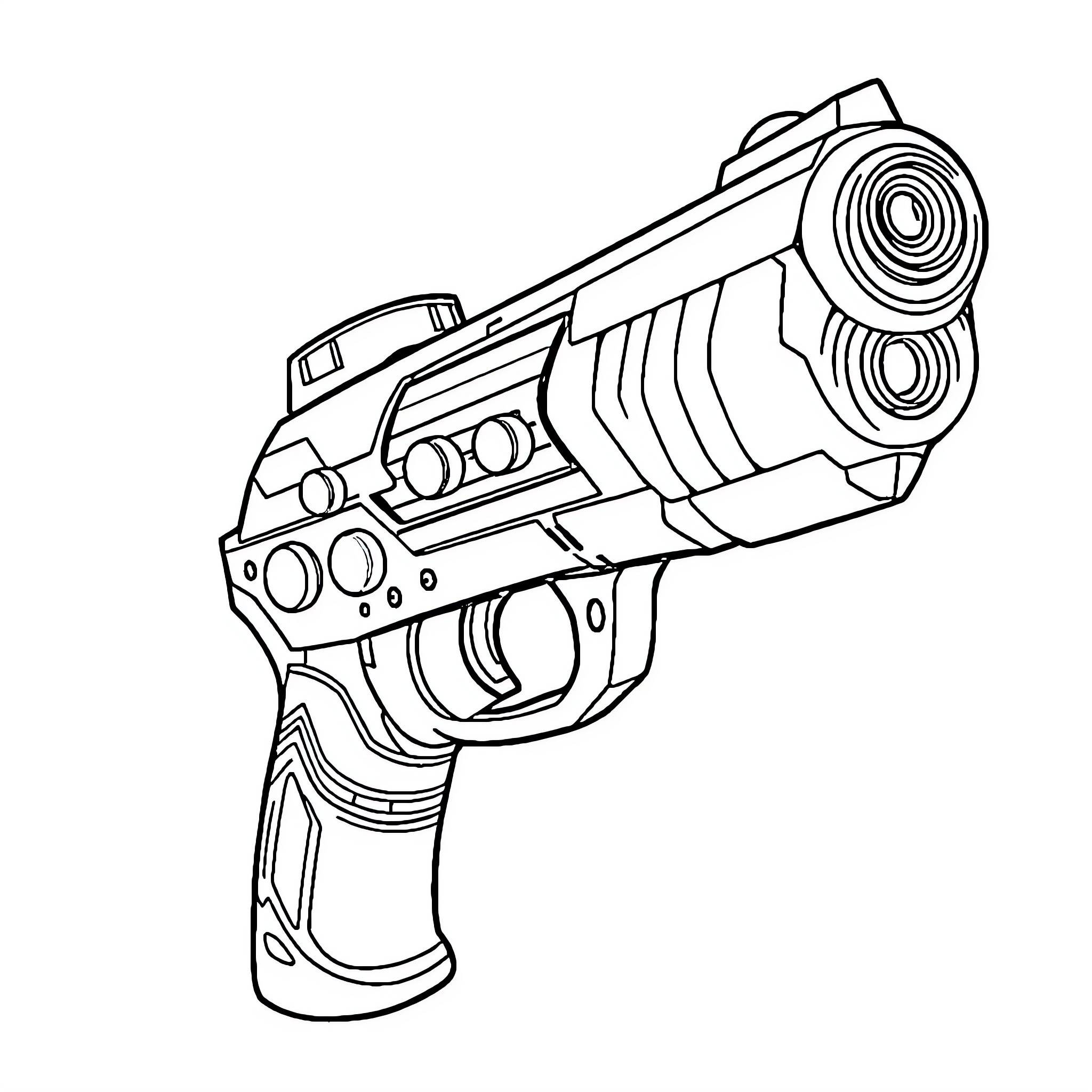 Power Ranger Stylized Futuristic Blaster Weapon Coloring Page (free black-and-white line drawing printable PDF for all, from beginners to advanced learners, including children, teens, adults, and seniors)