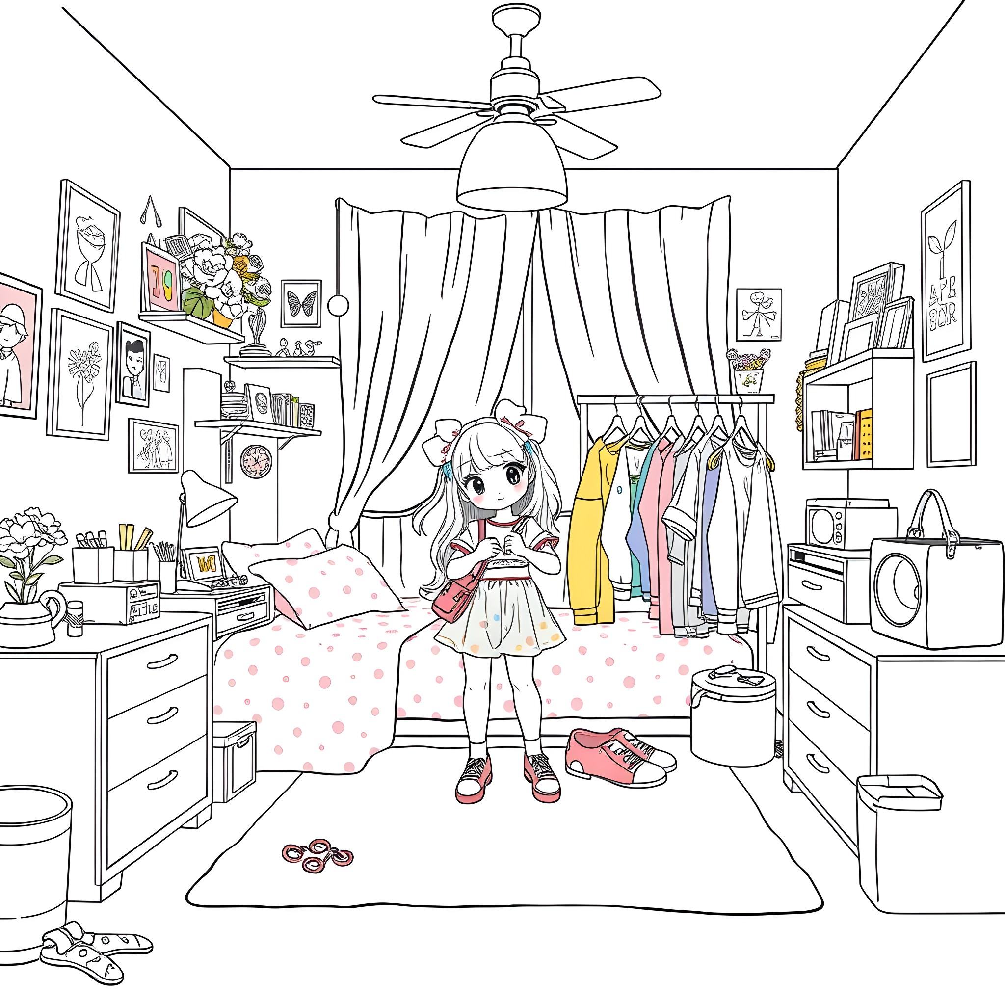 Girl exploring her cozy bedroom Coloring Page (free black-and-white line drawing printable PDF for all, from beginners to advanced learners, including children, teens, adults, and seniors)