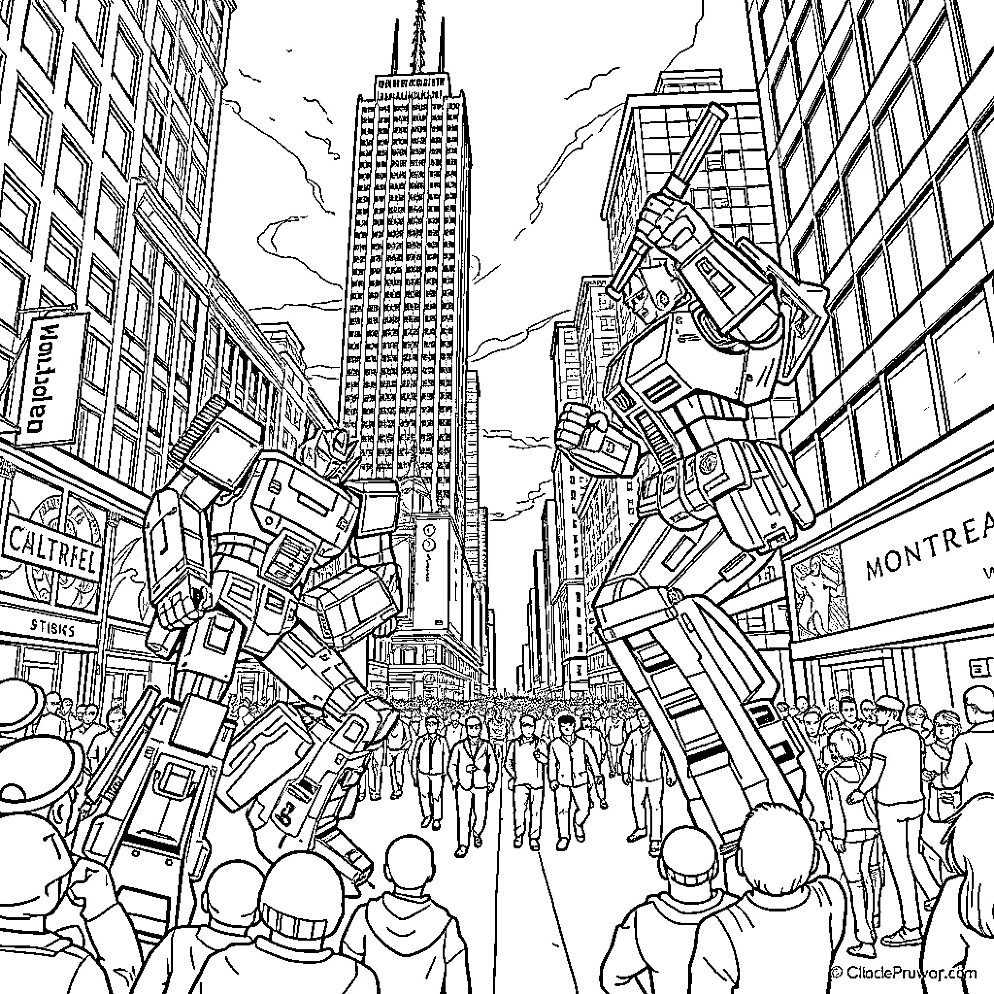 Transformer robot invasion in busy city street Coloring Page (free black-and-white line drawing printable PDF for all, from beginners to advanced learners, including children, teens, adults, and seniors)
