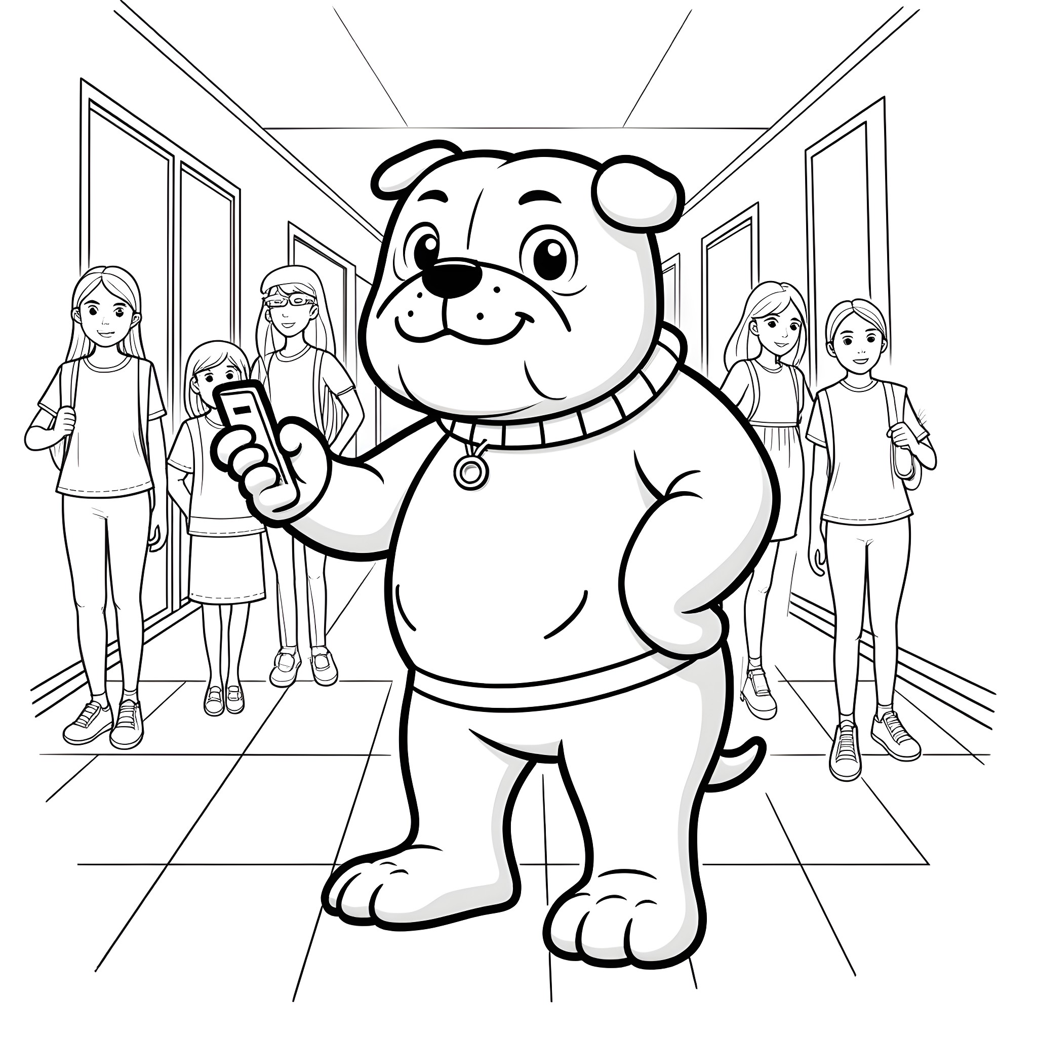 Bulldog holding a mobile phone in front of school students Coloring Page (free black-and-white line drawing printable PDF for all, from beginners to advanced learners, including children, teens, adults, and seniors)