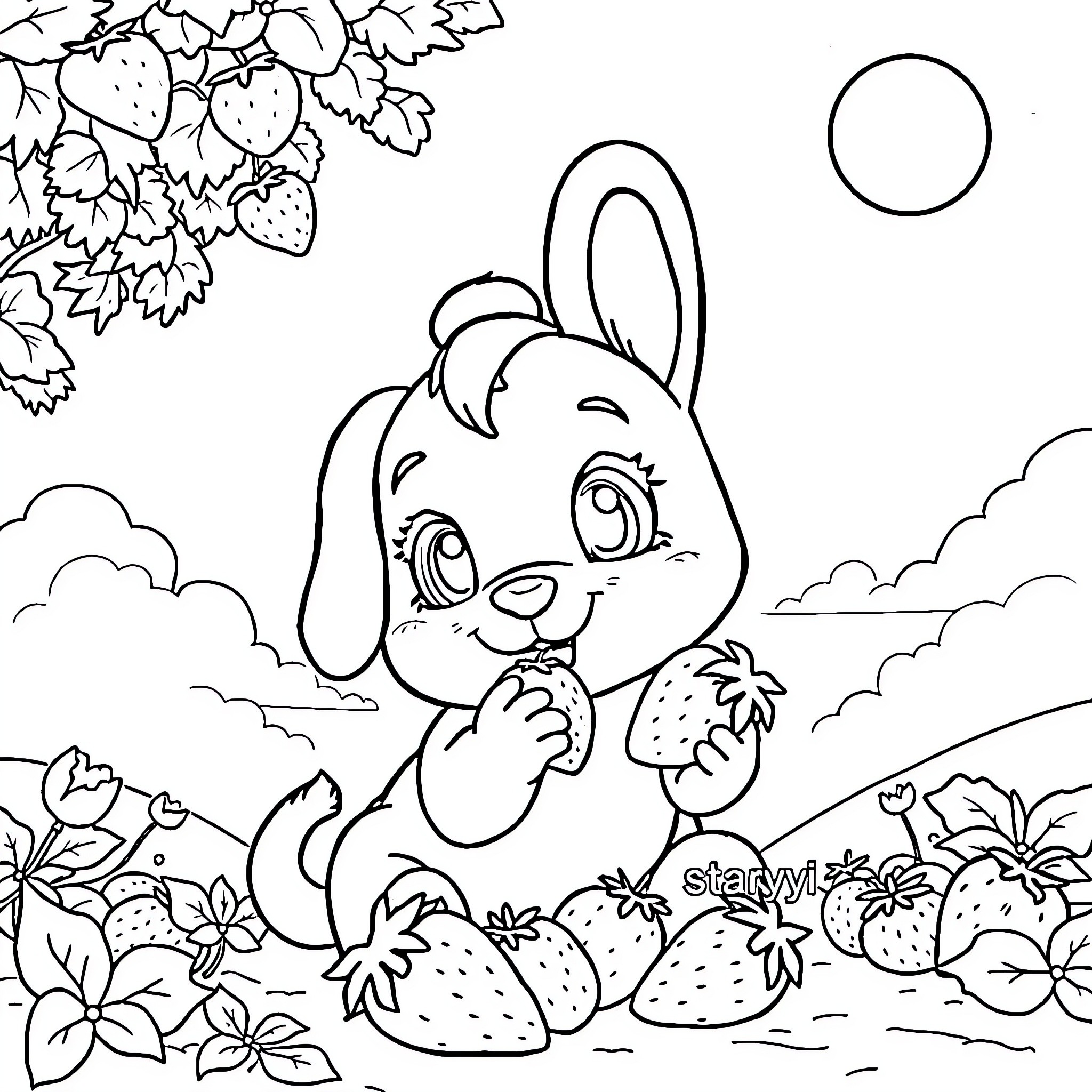 Cinnamoroll enjoying strawberries in a whimsical outdoor scene Coloring Page (free black-and-white line drawing printable PDF for all, from beginners to advanced learners, including children, teens, adults, and seniors)