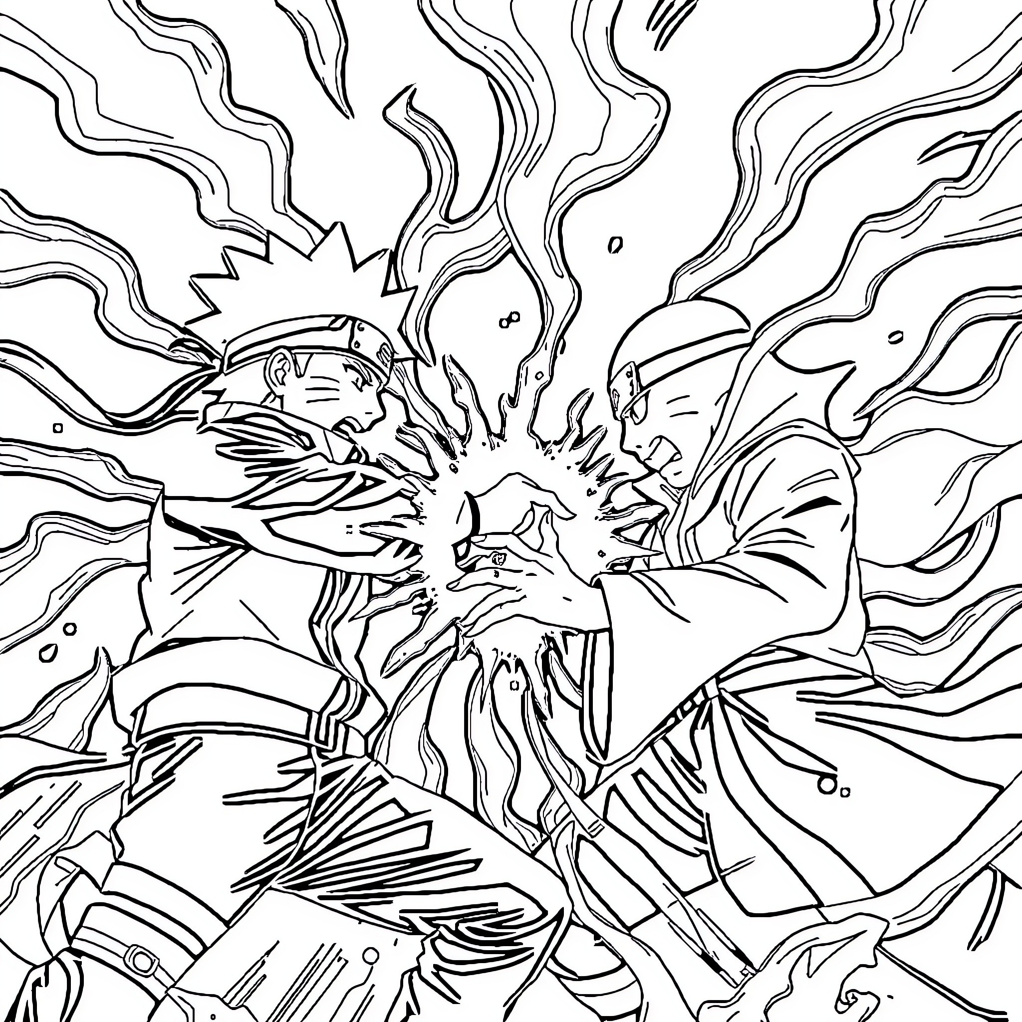 Naruto in Explosive Ninja Action Coloring Page (free black-and-white line drawing printable PDF for all, from beginners to advanced learners, including children, teens, adults, and seniors)