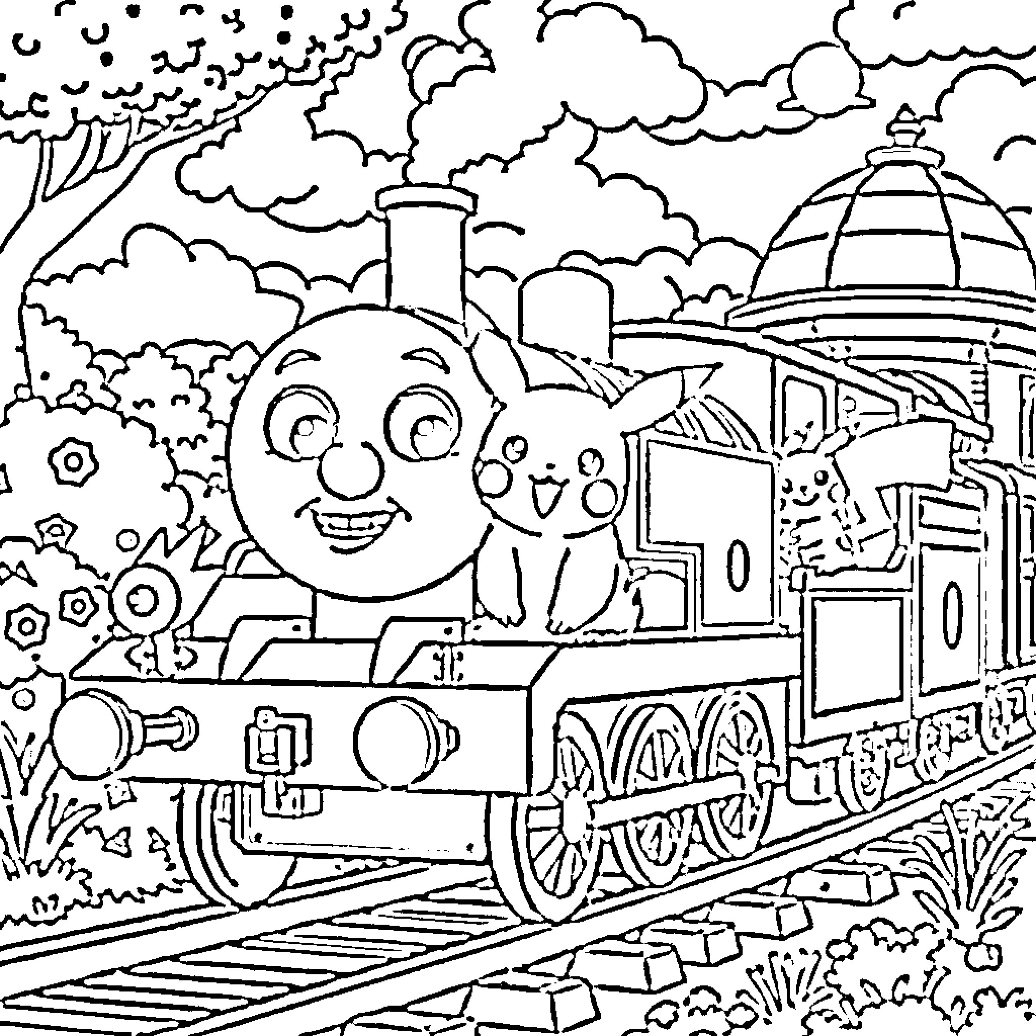 Thomas the Train Happily Chugging Through the Countryside Coloring Page (free black-and-white line drawing printable PDF for all, from beginners to advanced learners, including children, teens, adults, and seniors)
