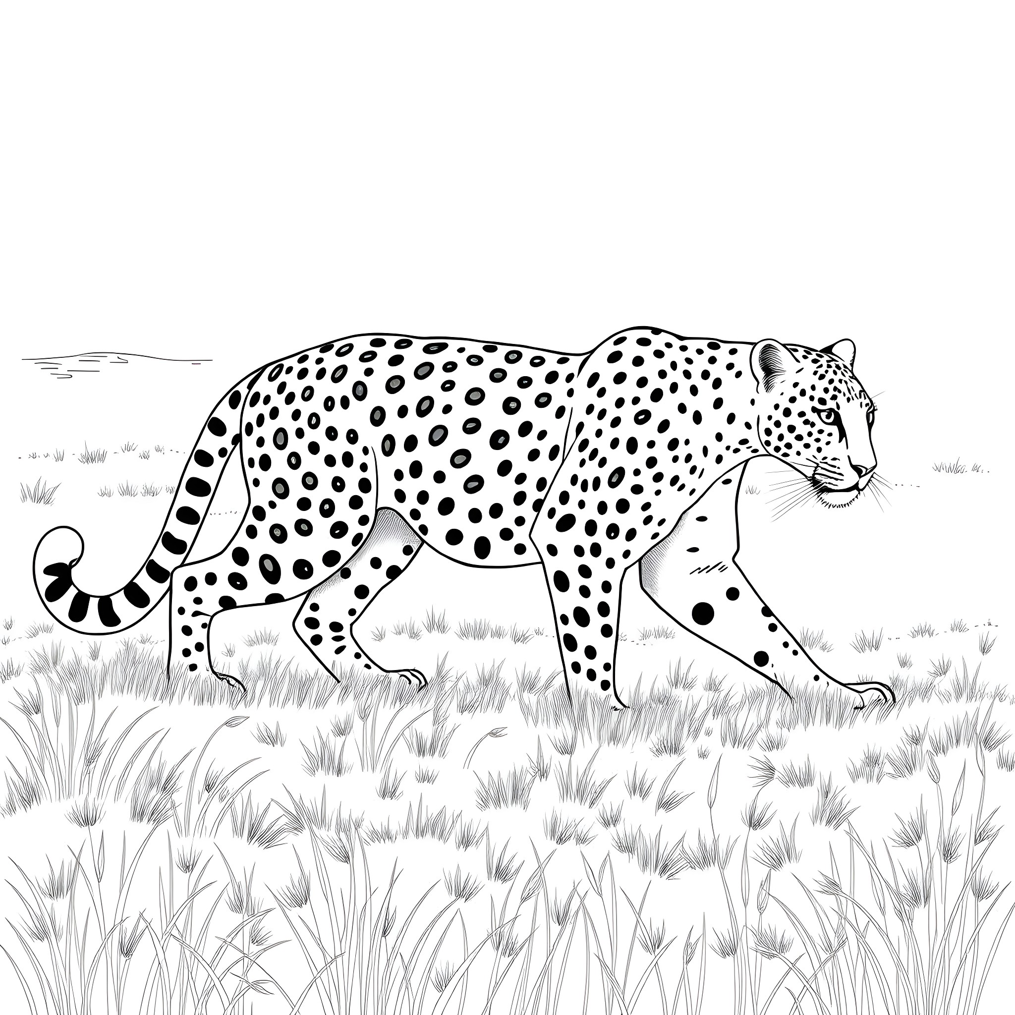 Leopard prowling through the grass Coloring Page (free black-and-white line drawing printable PDF for all, from beginners to advanced learners, including children, teens, adults, and seniors)