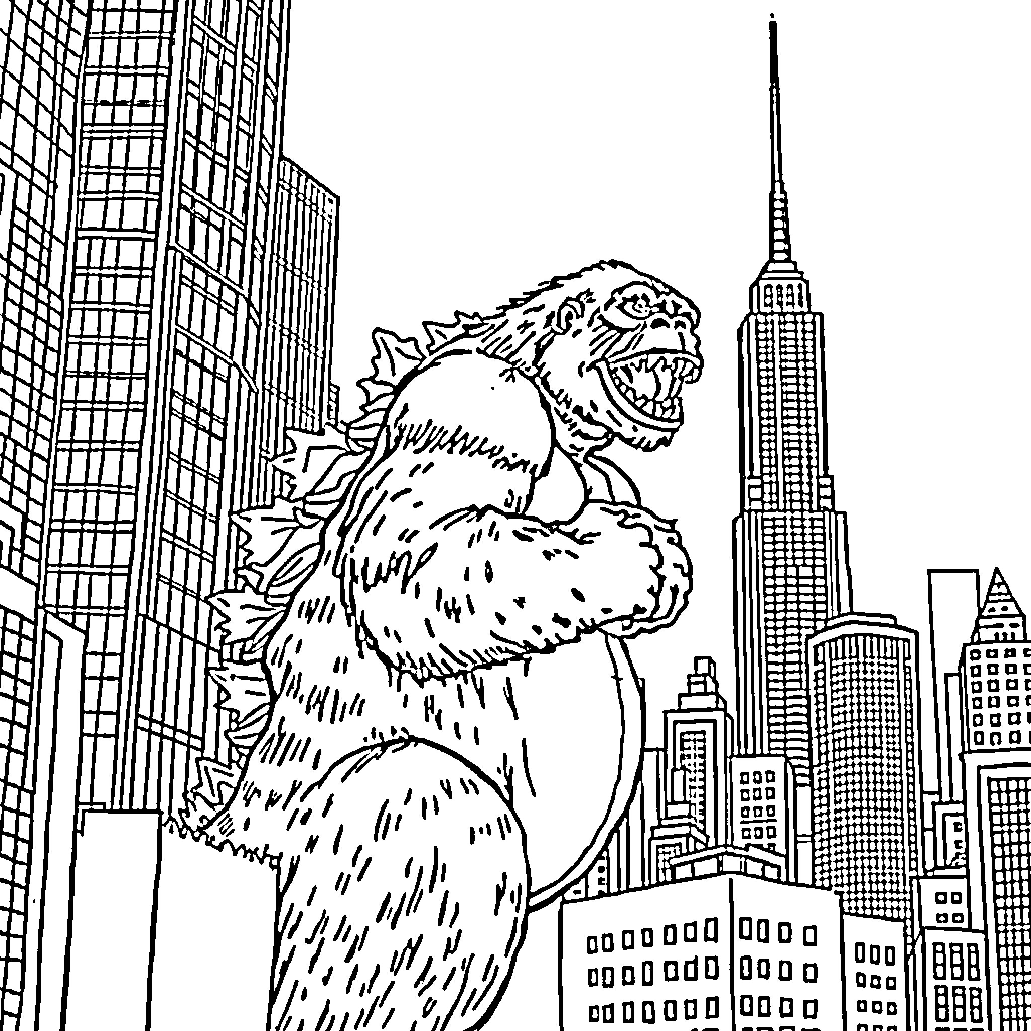 King Kong wreaking havoc in the city Coloring Page (free black-and-white line drawing printable PDF for all, from beginners to advanced learners, including children, teens, adults, and seniors)