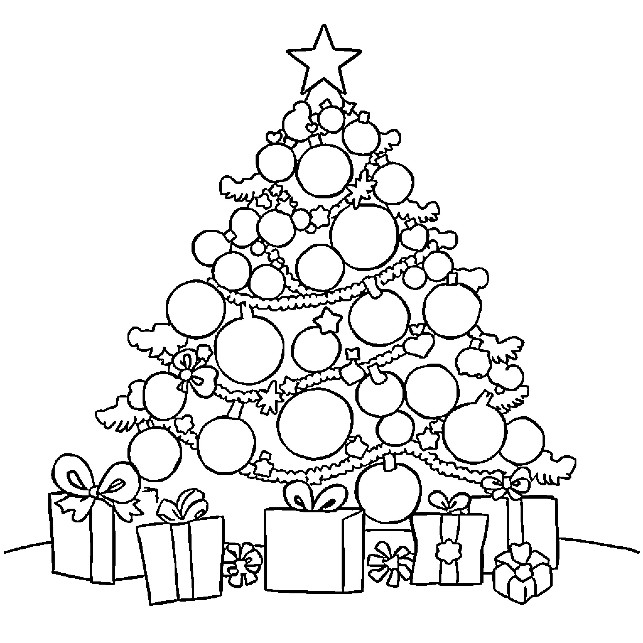 Christmas Tree with Ornaments and Presents Coloring Page (free black-and-white line drawing printable PDF for all, from beginners to advanced learners, including children, teens, adults, and seniors)