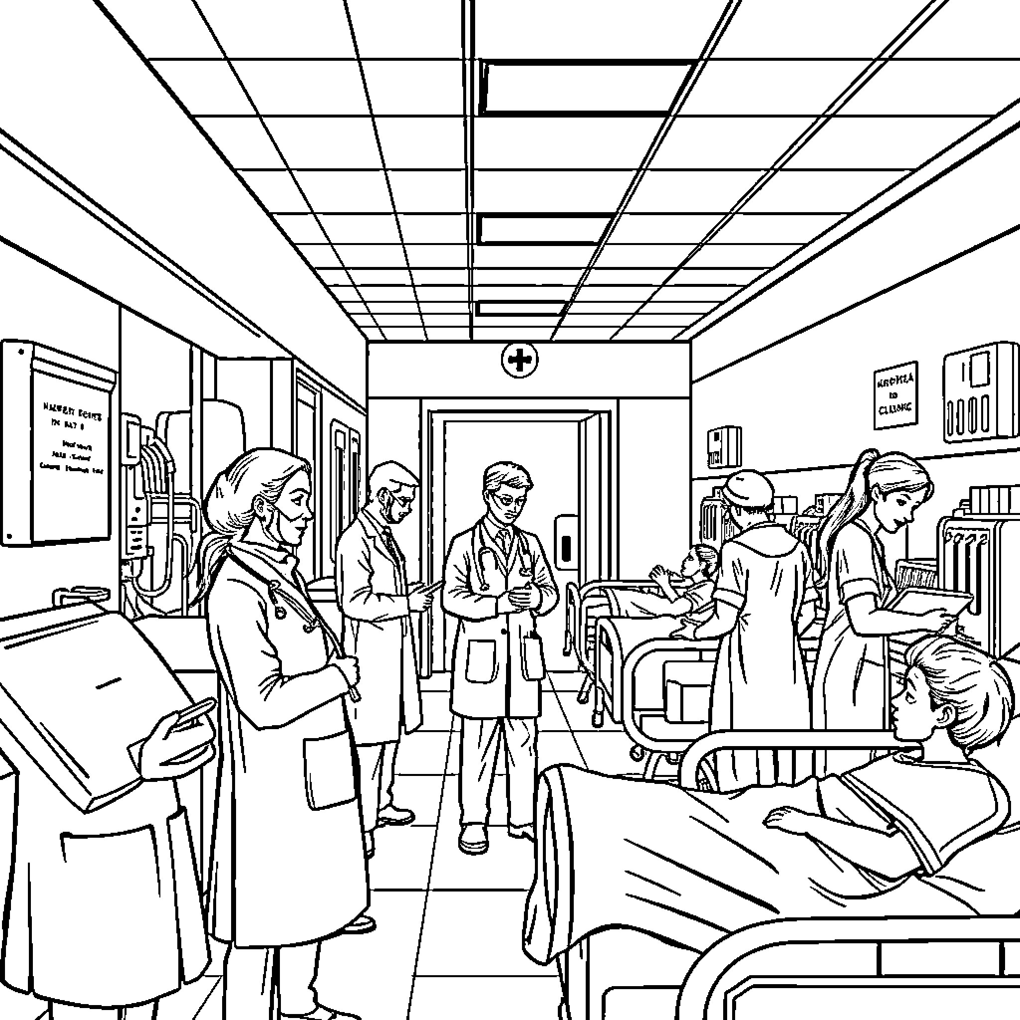 Hospital staff attending to patients in medical ward Coloring Page (free black-and-white line drawing printable PDF for all, from beginners to advanced learners, including children, teens, adults, and seniors)
