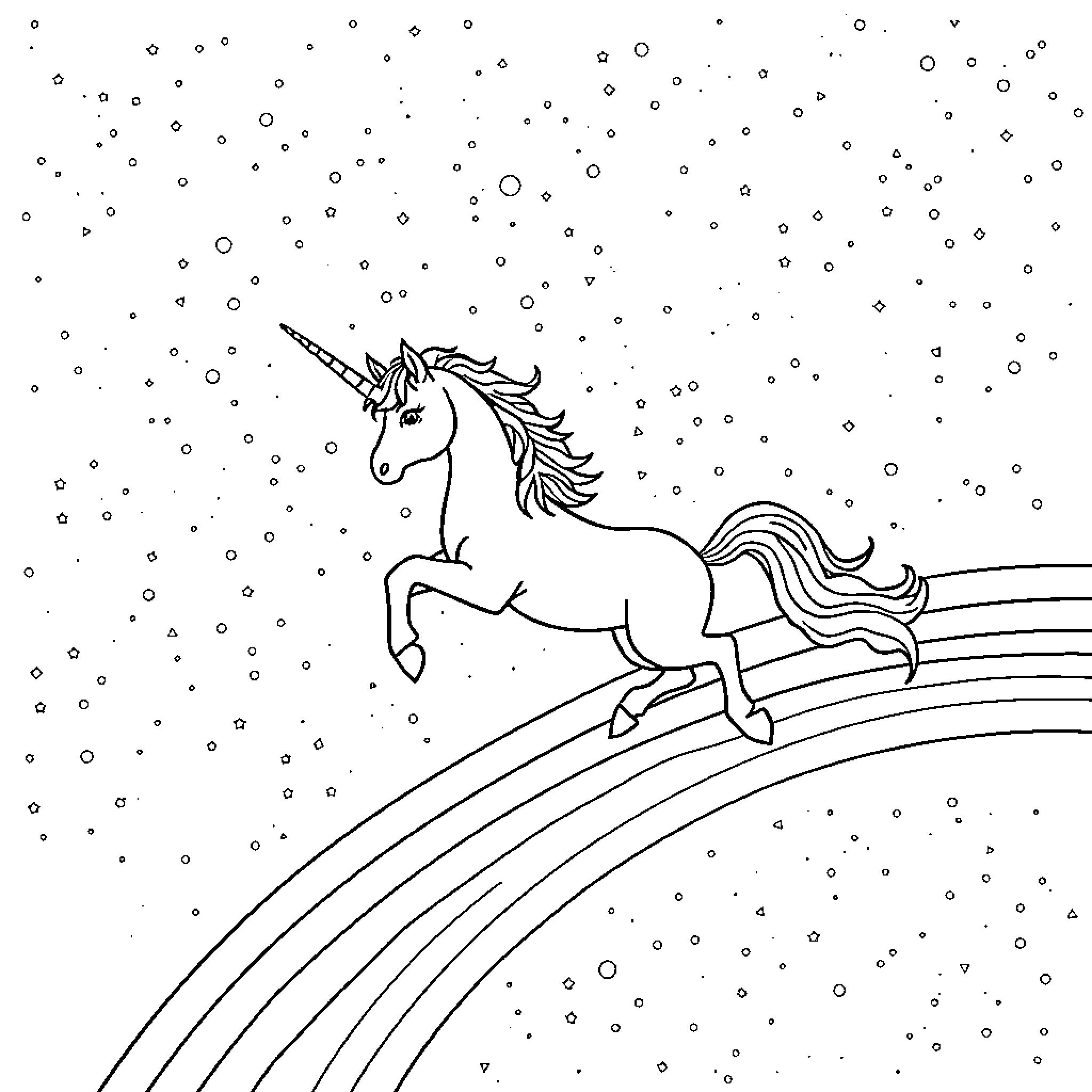Unicorn galloping through starry night sky Coloring Page (free black-and-white line drawing printable PDF for all, from beginners to advanced learners, including children, teens, adults, and seniors)