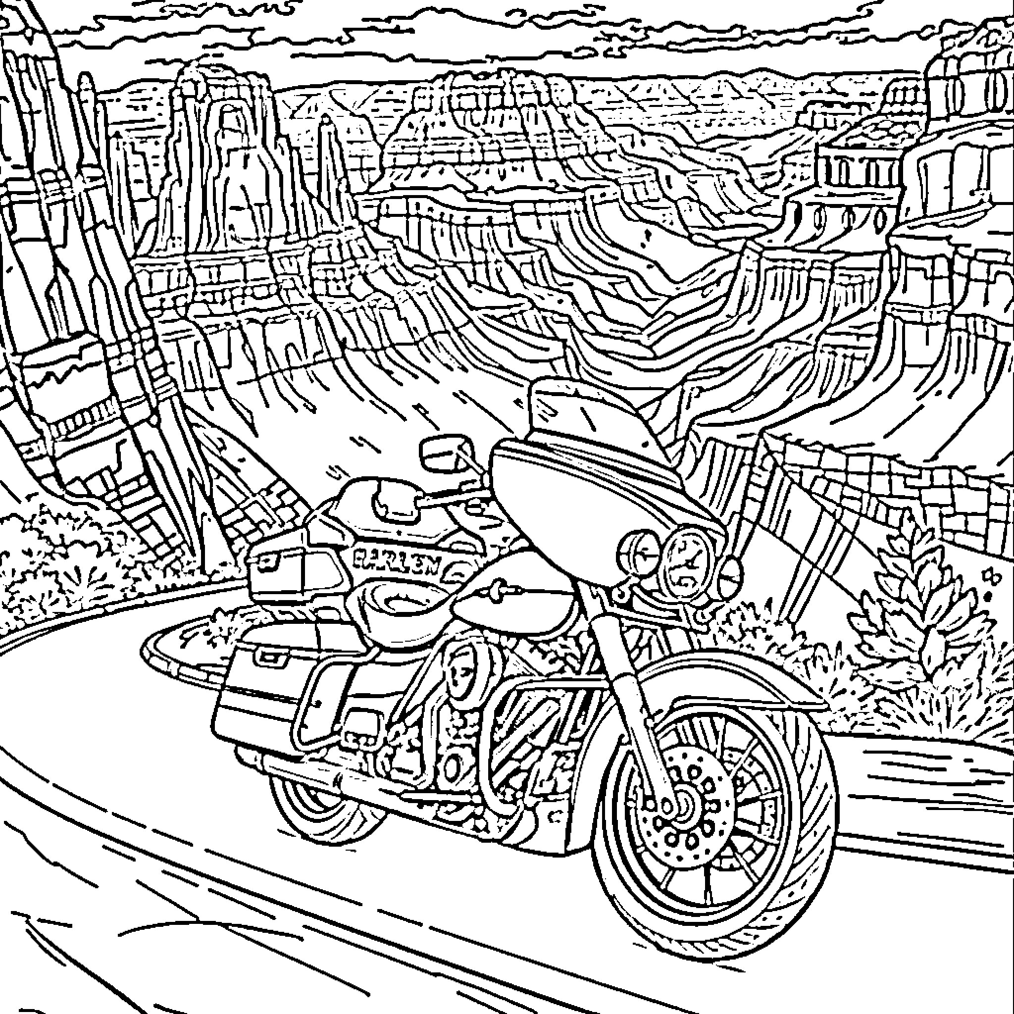 Harley riding through rugged mountainous terrain Coloring Page (free black-and-white line drawing printable PDF for all, from beginners to advanced learners, including children, teens, adults, and seniors)