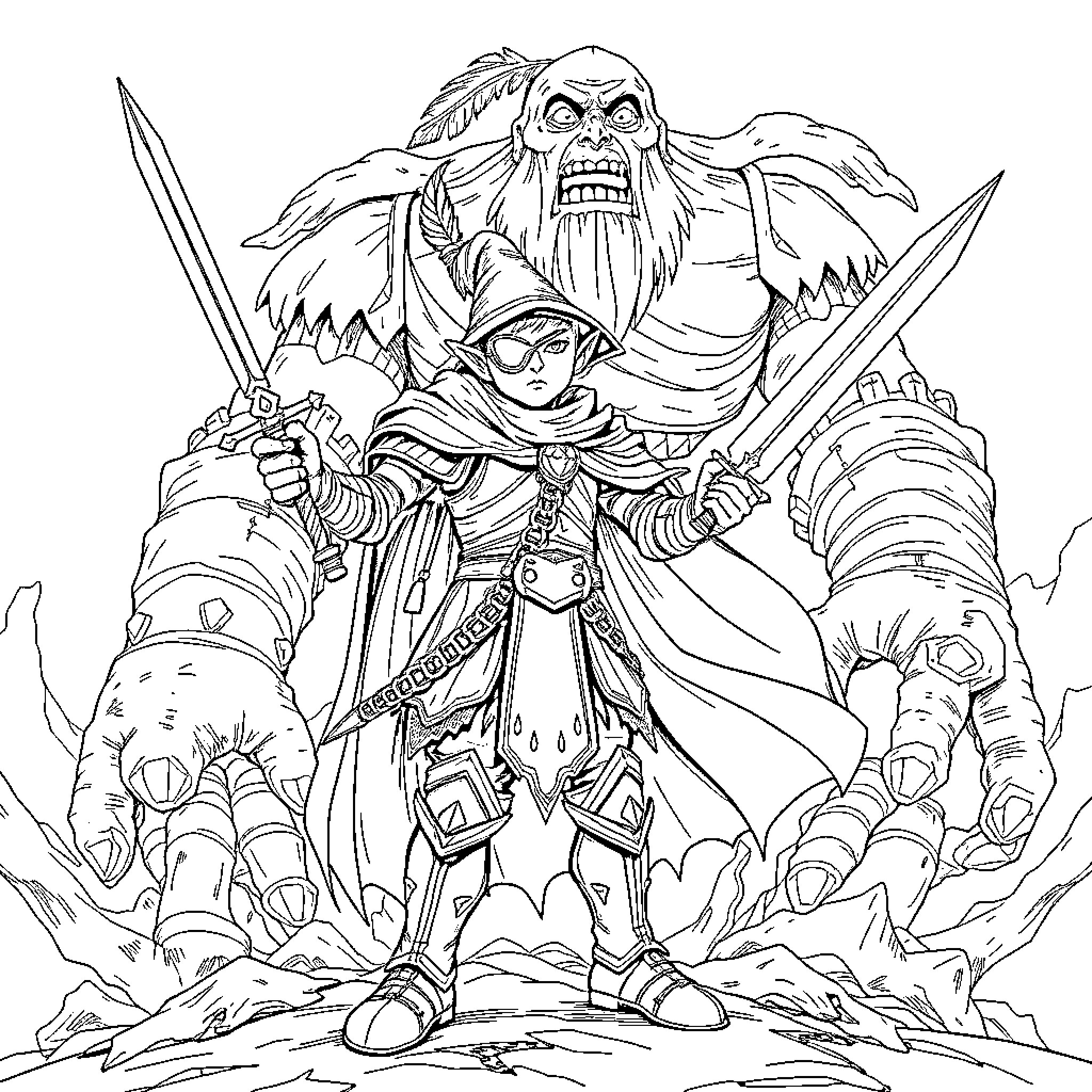 Drow Elf warrior confronting a monstrous foe on a rugged landscape Coloring Page (free black-and-white line drawing printable PDF for all, from beginners to advanced learners, including children, teens, adults, and seniors)