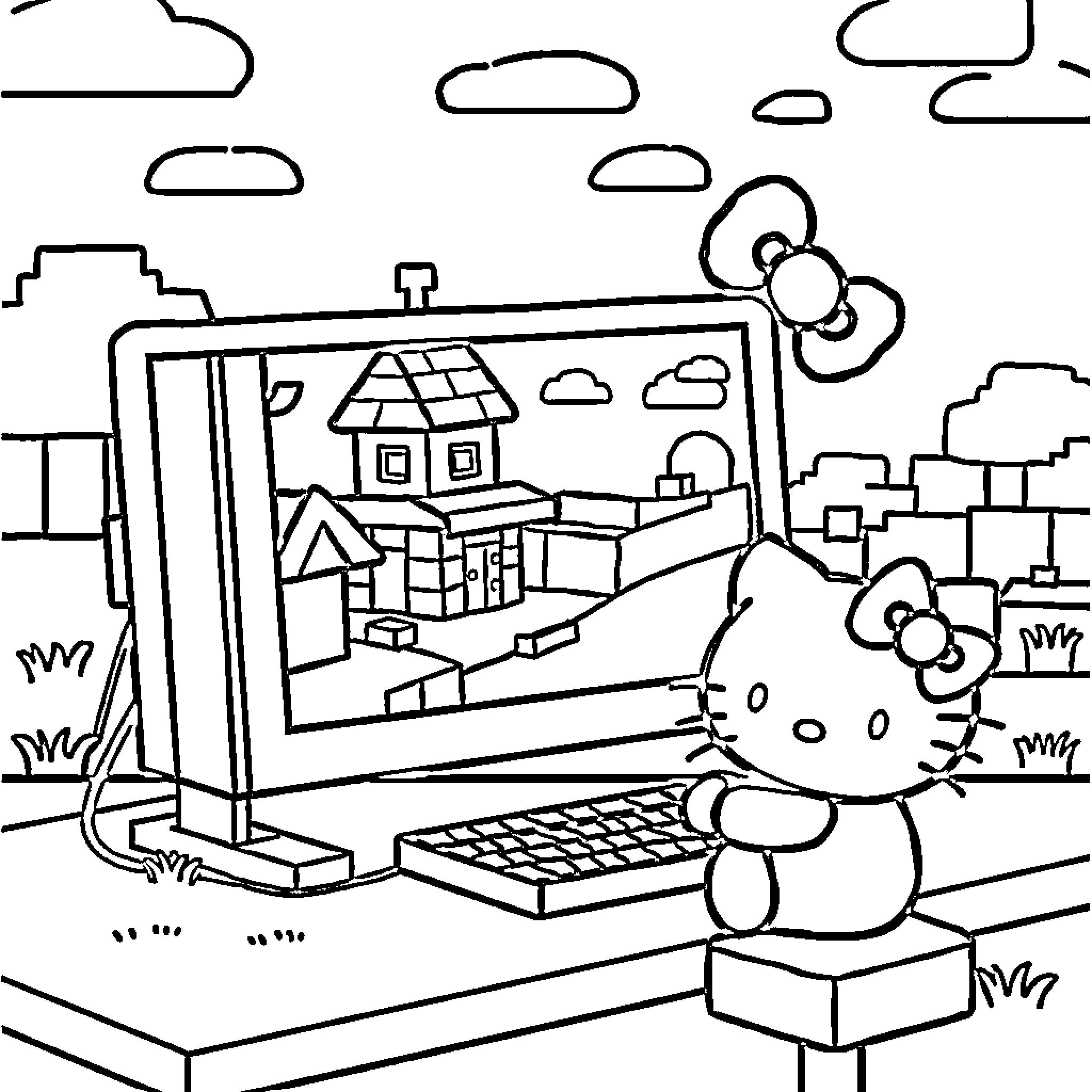 Hello Kitty exploring a digital landscape Coloring Page (free black-and-white line drawing printable PDF for all, from beginners to advanced learners, including children, teens, adults, and seniors)