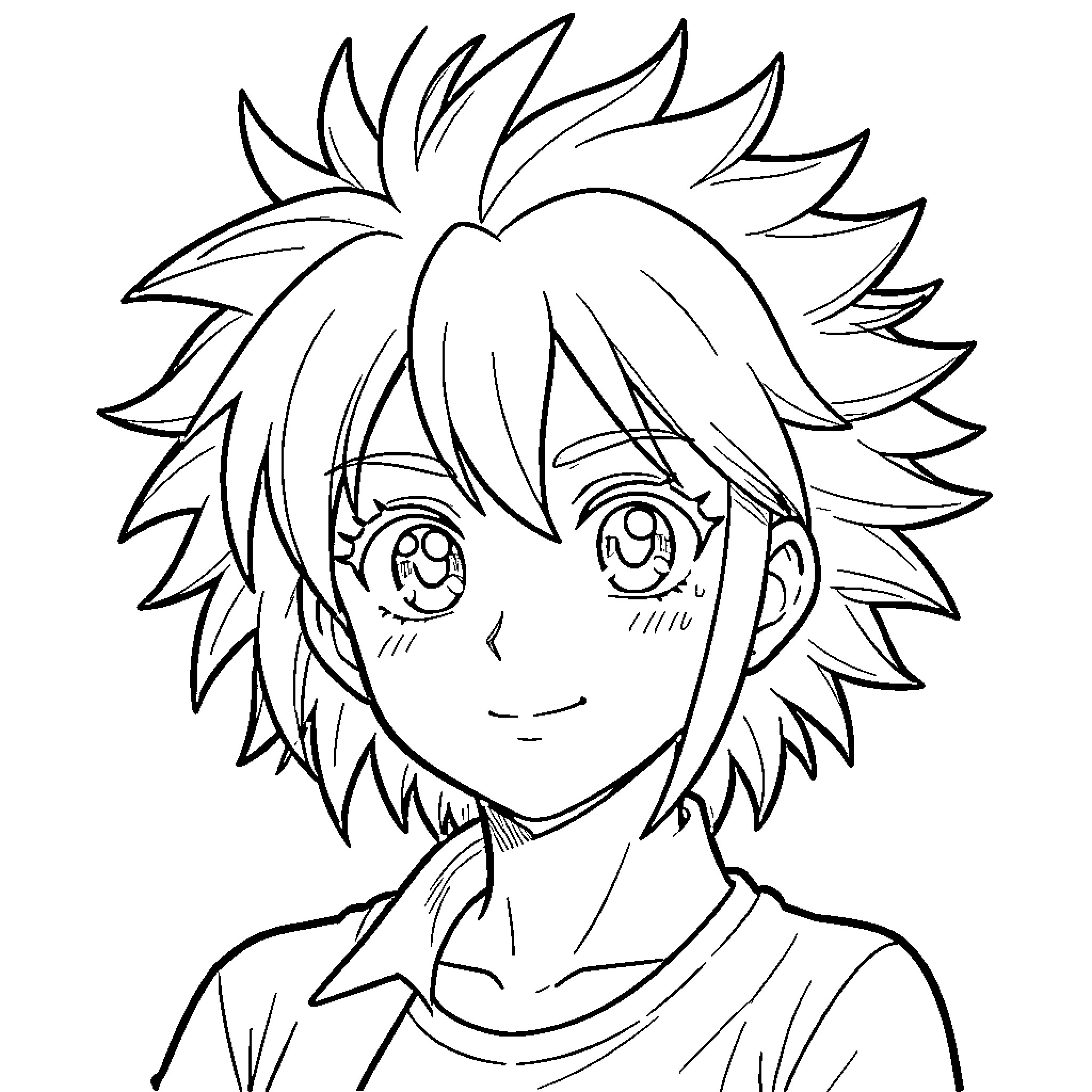Manga Character with Spiky Hairstyle and Expressive Eyes Coloring Page (free black-and-white line drawing printable PDF for all, from beginners to advanced learners, including children, teens, adults, and seniors)