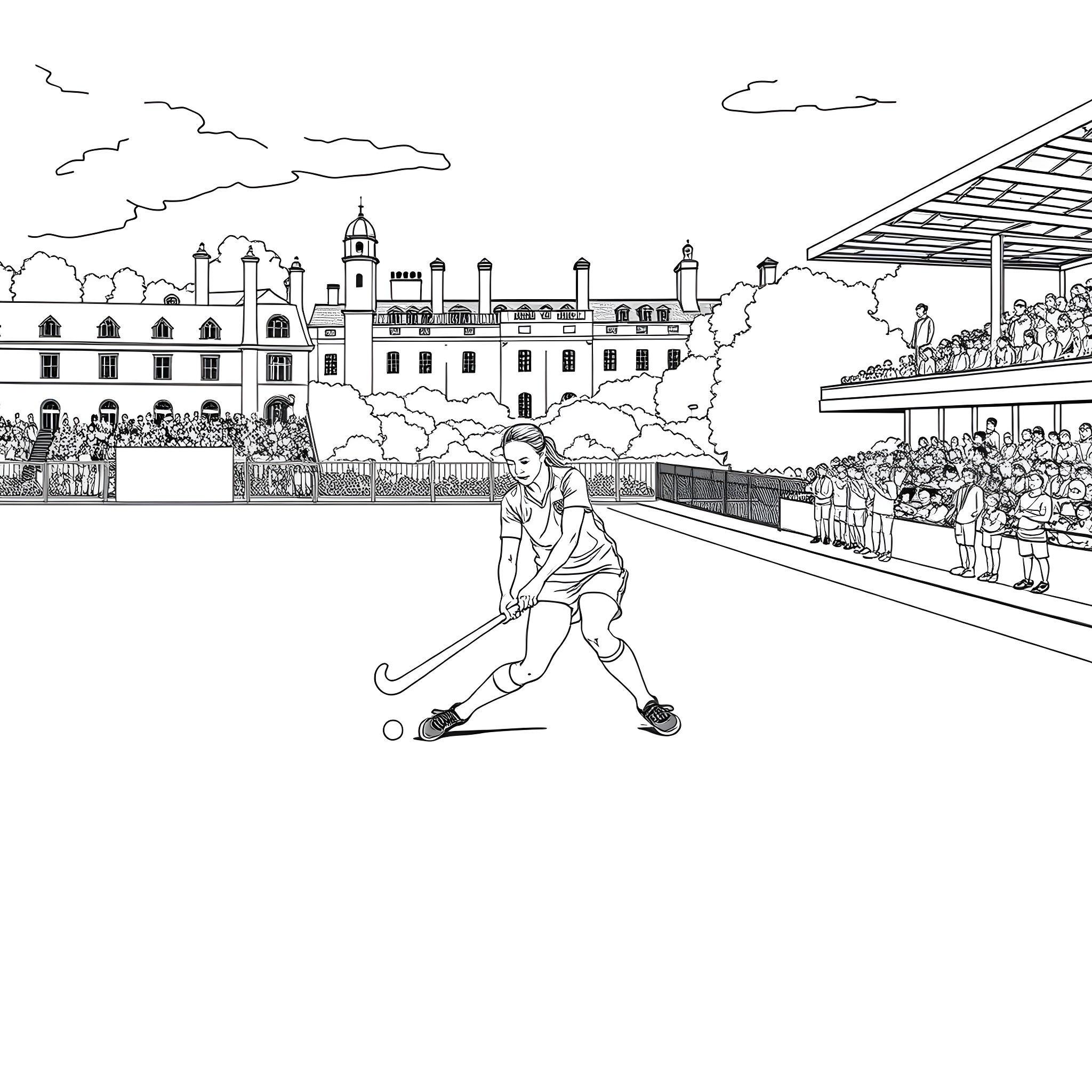 Player competing in a sporting event amid a crowded stadium Coloring Page (free black-and-white line drawing printable PDF for all, from beginners to advanced learners, including children, teens, adults, and seniors)