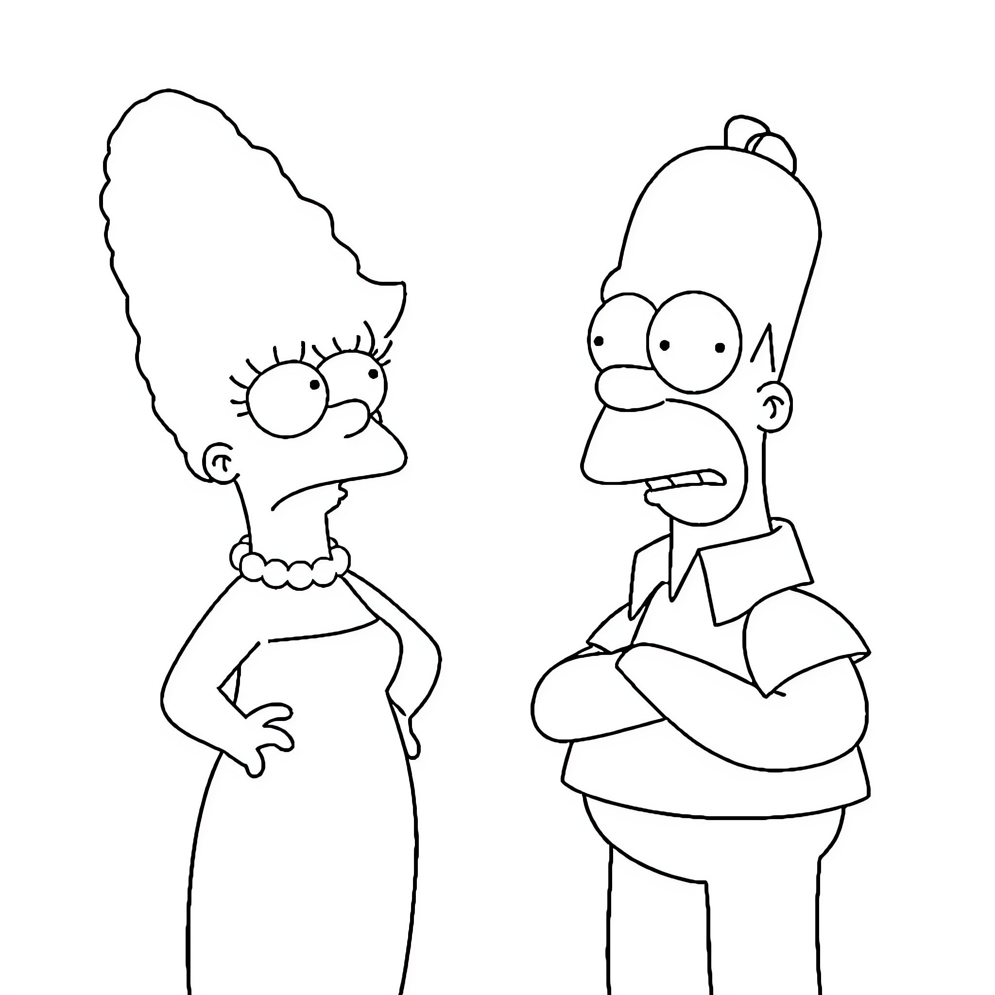 Marge Simpson and Homer Simpson in contemplative poses Coloring Page (free black-and-white line drawing printable PDF for all, from beginners to advanced learners, including children, teens, adults, and seniors)