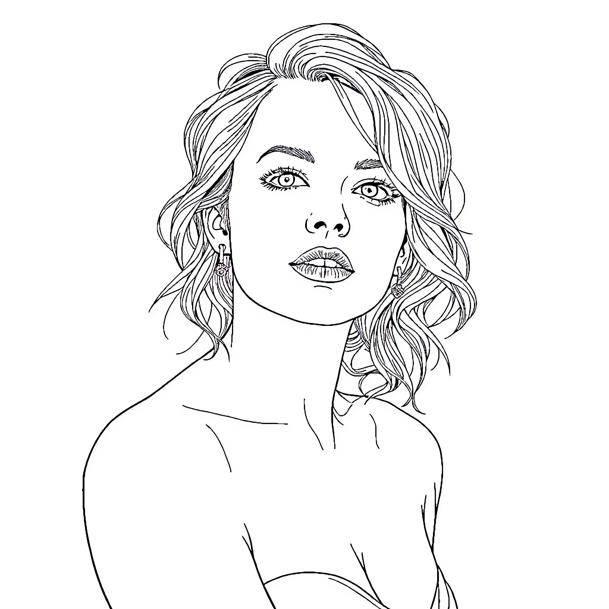 Emma Stone in a pensive mood Coloring Page (free black-and-white line drawing printable PDF for all, from beginners to advanced learners, including children, teens, adults, and seniors)