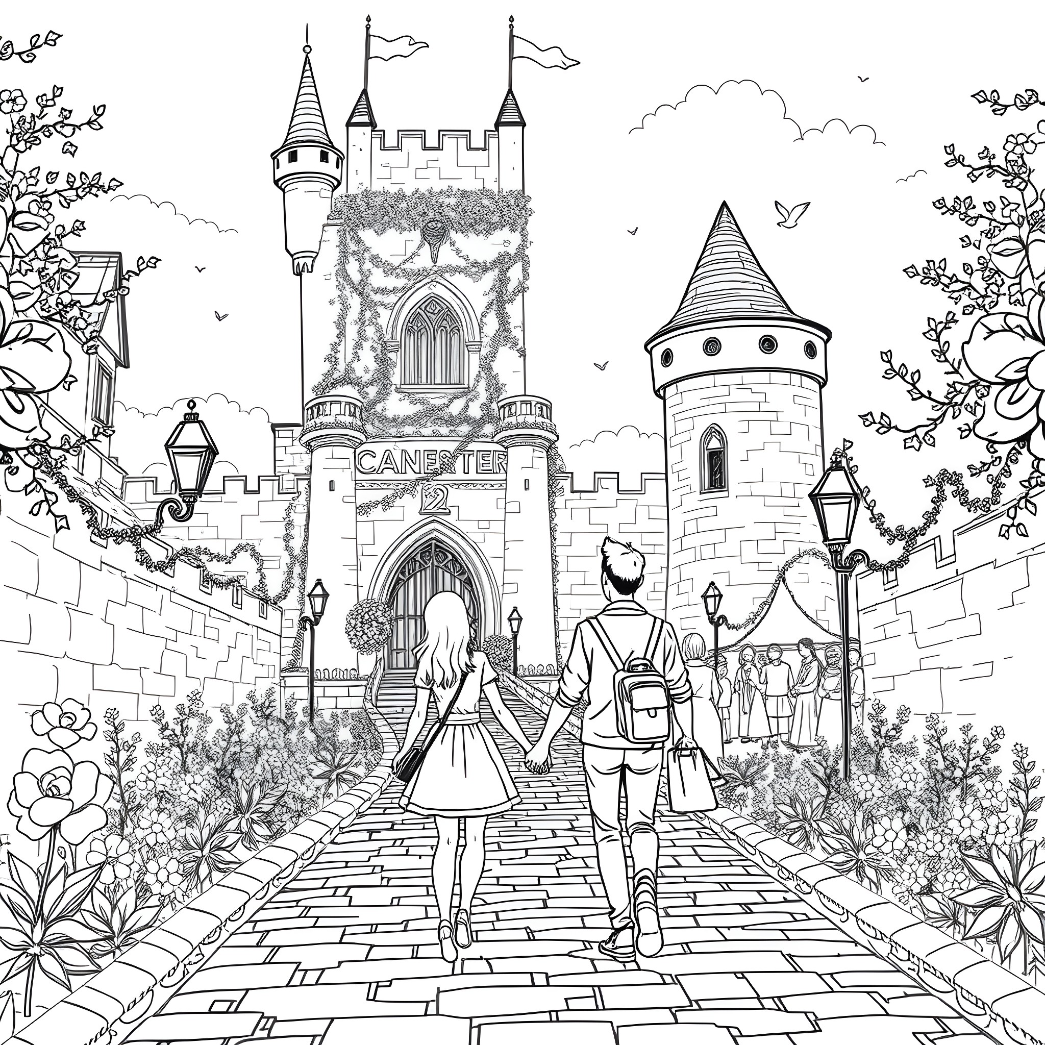 Couple exploring whimsical castle on path Coloring Page (free black-and-white line drawing printable PDF for all, from beginners to advanced learners, including children, teens, adults, and seniors)