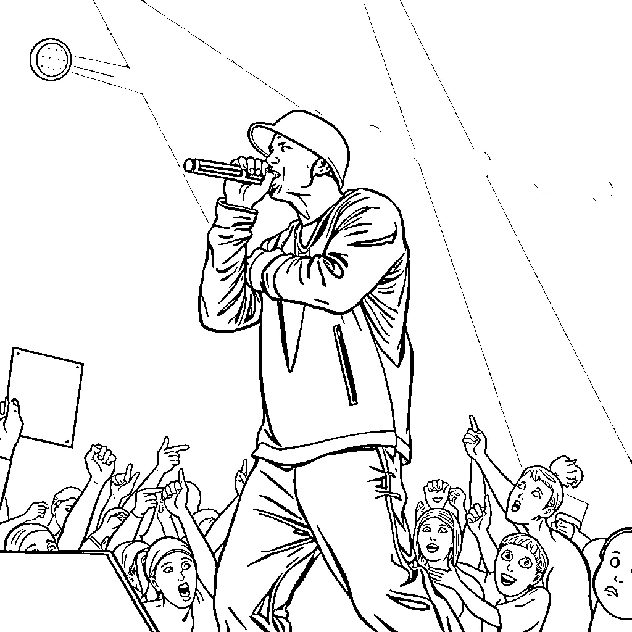 Eminem performing energetically on stage Coloring Page (free black-and-white line drawing printable PDF for all, from beginners to advanced learners, including children, teens, adults, and seniors)