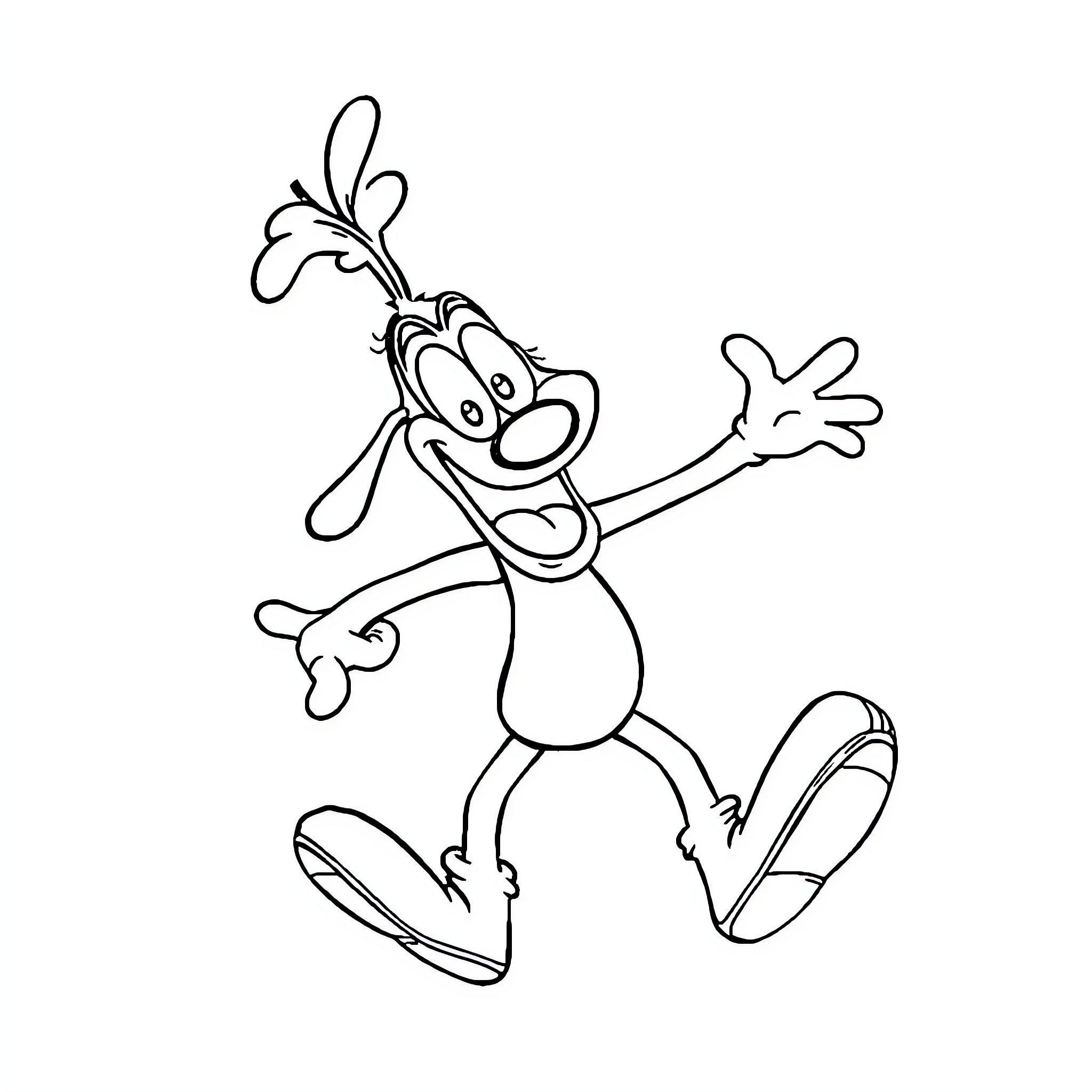 Goofy Goober character having fun and dancing Coloring Page (free black-and-white line drawing printable PDF for all, from beginners to advanced learners, including children, teens, adults, and seniors)